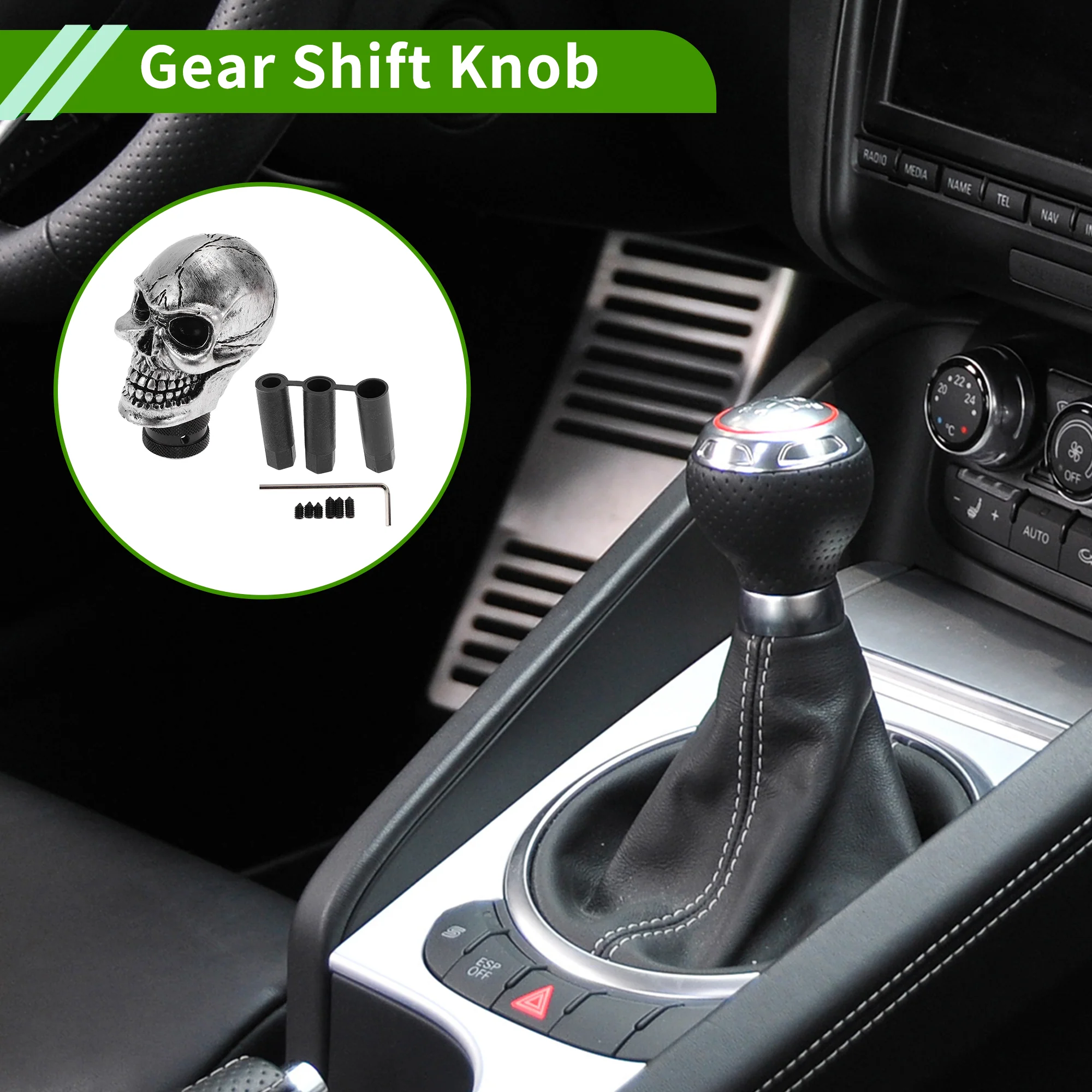9cm Skull Shift Knob Universal Gear Shifter Knob Resin Stick Shifter Lever Knob for Automatic and Manual Vehicle with 3 Adapter Silver Tone 1 Set - Image 3
