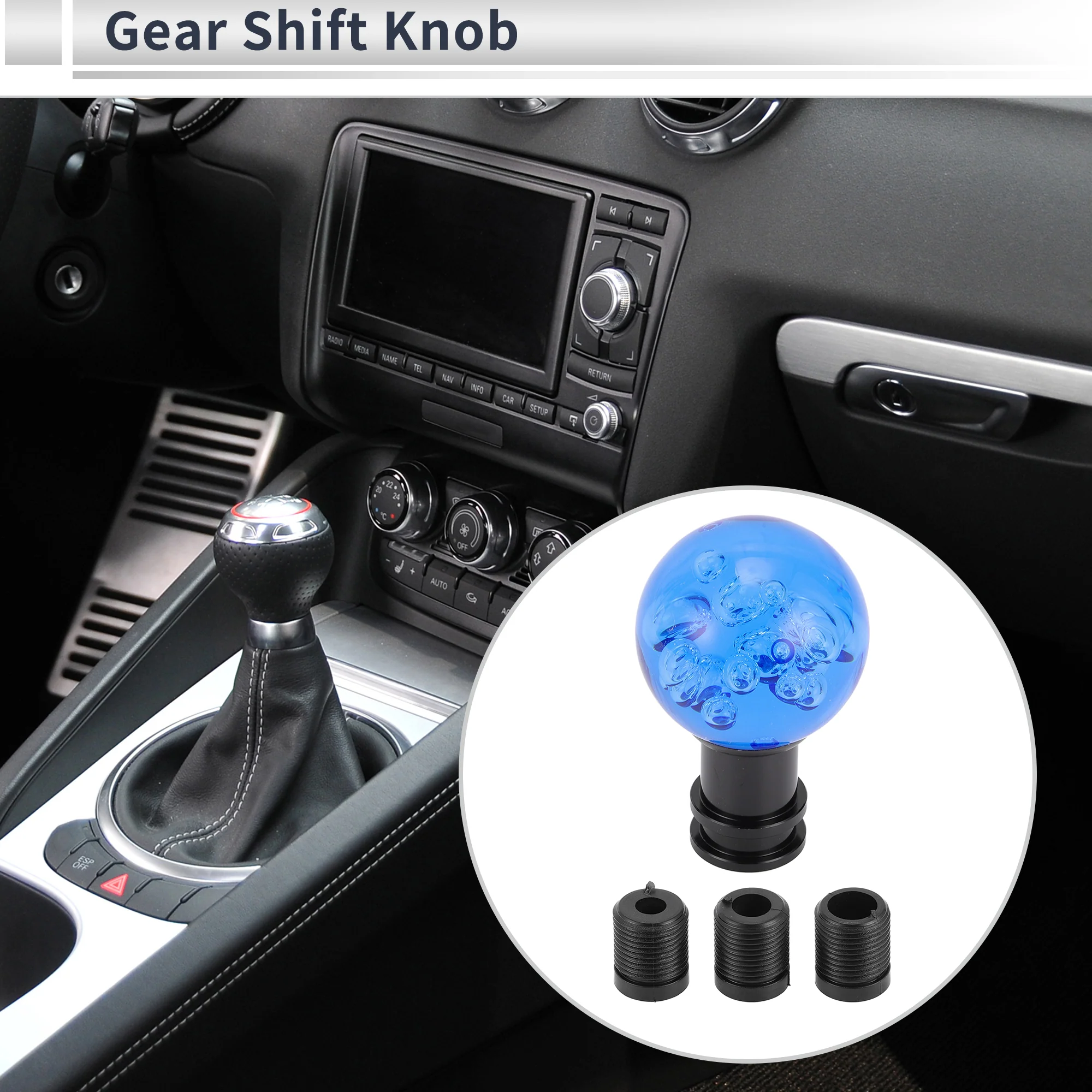 Car Shift Knob Gear Shifter Knob Acrylic Aluminum Alloy Stick Shifter Lever Knob for Automatic and Manual Vehicle with 3 Adapter Blue Black 1 Set - Image 2