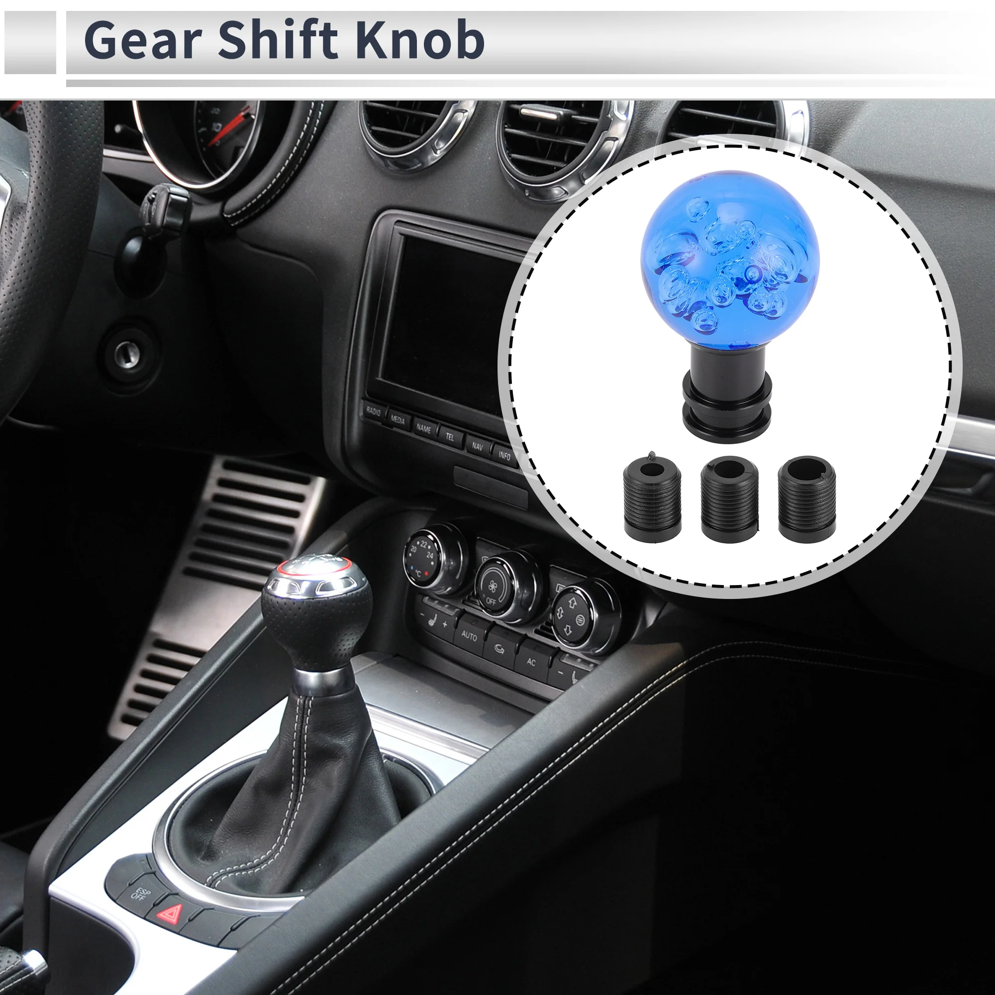 Car Shift Knob Gear Shifter Knob Acrylic Aluminum Alloy Stick Shifter Lever Knob for Automatic and Manual Vehicle with 3 Adapter Blue Black 1 Set - Image 3