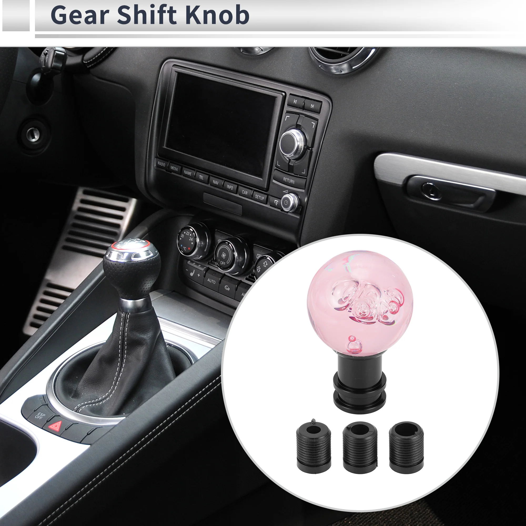 Car Gear Shift Knob Acrylic Aluminum Alloy Stick Shifter Lever Knob for Automatic and Manual Vehicle with 3 Adapter Pink Black 1 Set - Image 2