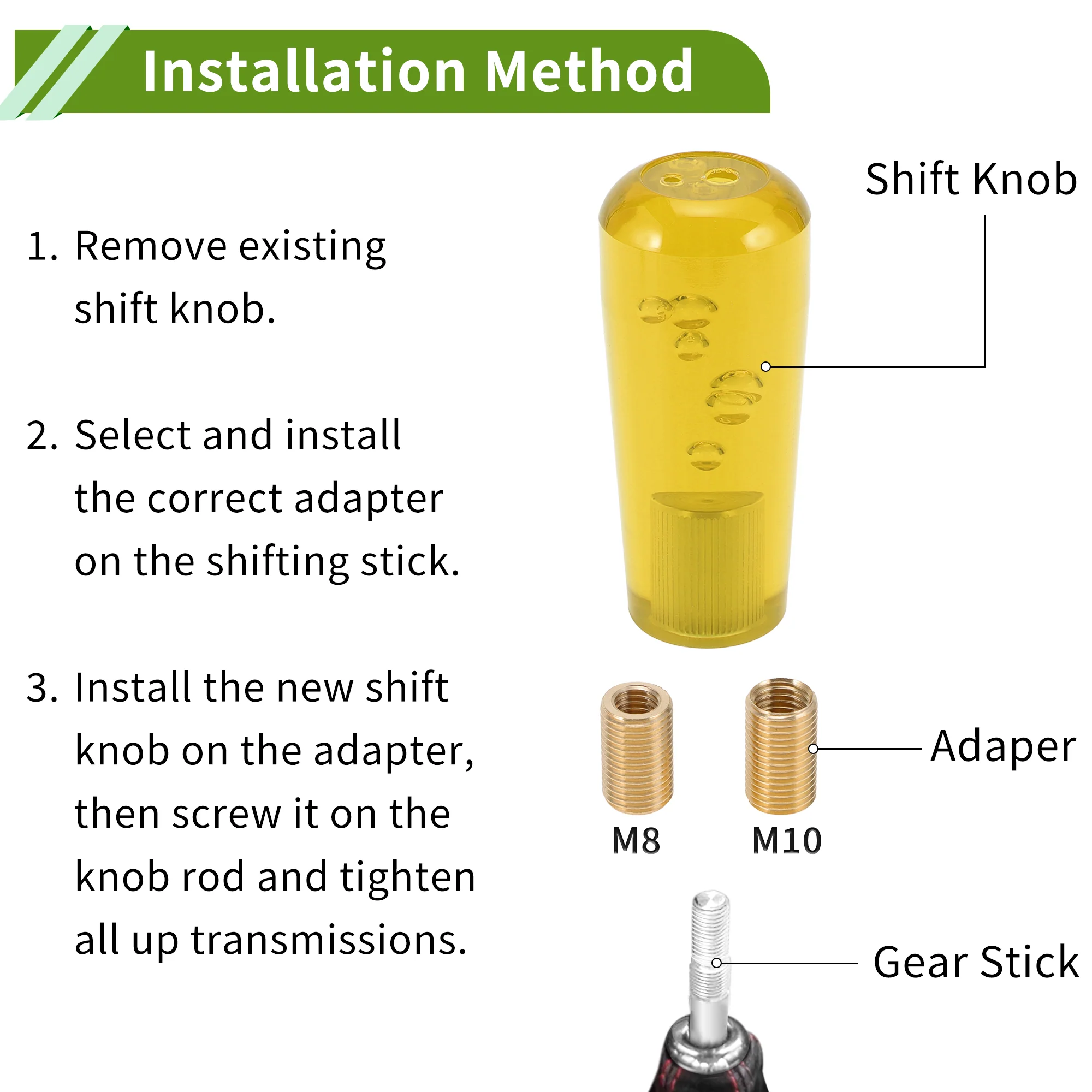 Cylindrical Crystal 10cm Shift Knob Universal Gear Shifter Knob Acrylic for Automatic and Manual Vehicle with 2 Adapter Yellow 1 Set - Image 7