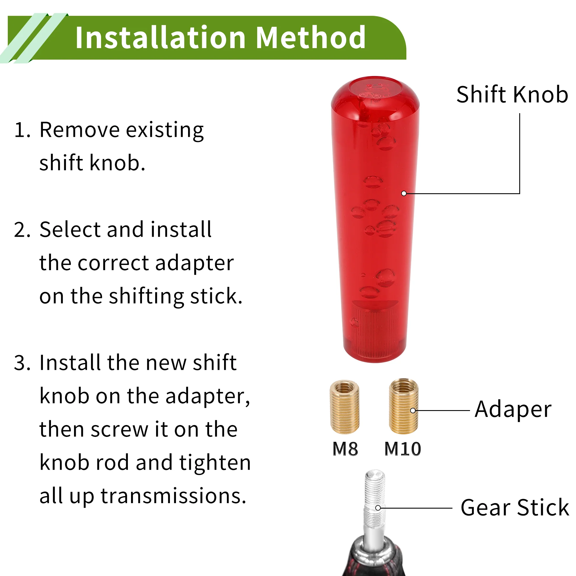 Cylindrical Crystal 15cm Shift Knob Universal Gear Shifter Knob Acrylic for Automatic and Manual Vehicle with 2 Adapter Red 1 Set - Image 7