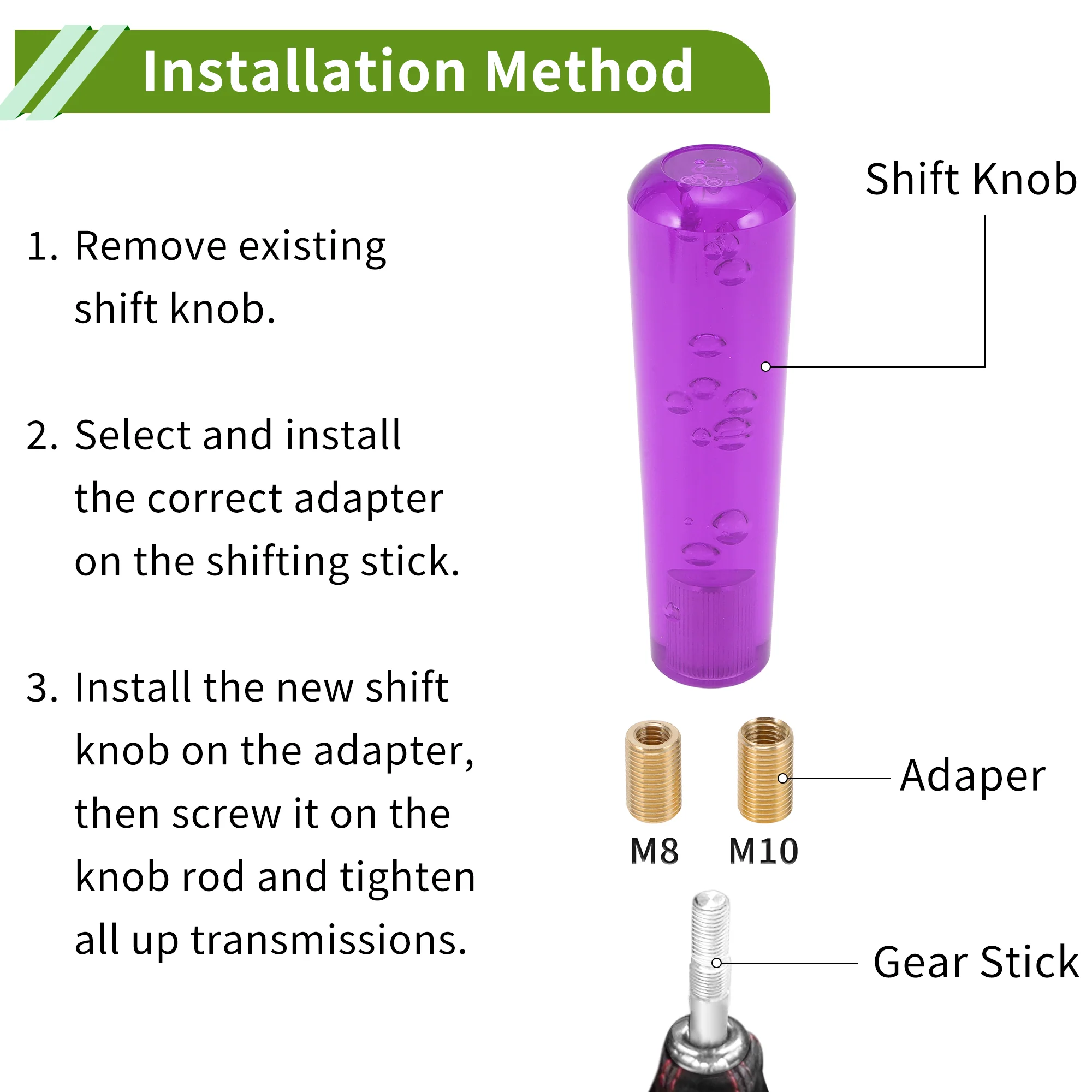 Cylindrical Crystal 15cm Shift Knob Universal Gear Shifter Knob Acrylic for Automatic and Manual Vehicle with 2 Adapter Purple 1 Set - Image 7