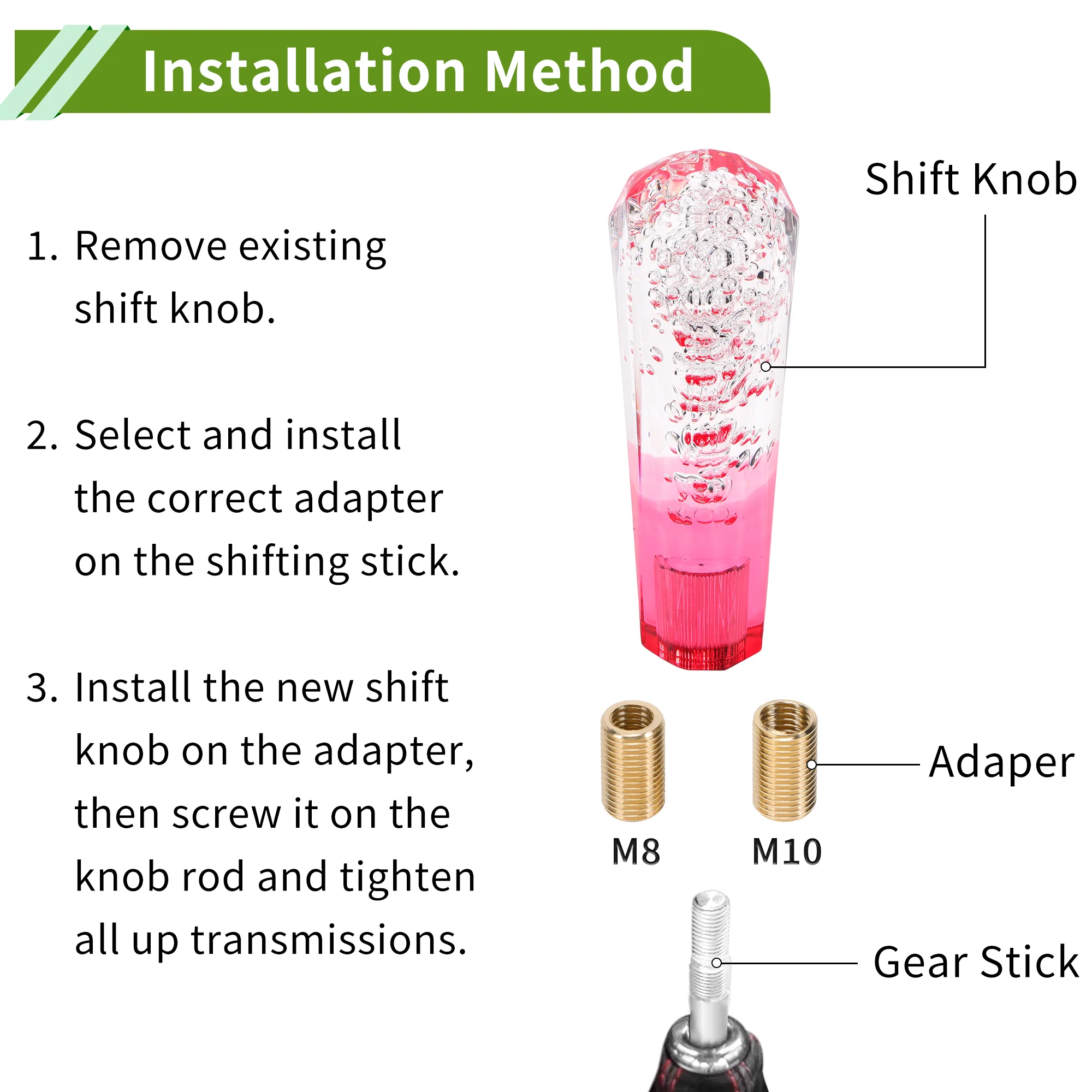 Diamond Two-tone Crystal Shift Knob Gear Shifter Knob Acrylic Stick Shifter Lever Knob for Automatic and Manual Vehicle with 2 Adapter White Red 1 Set - Image 7
