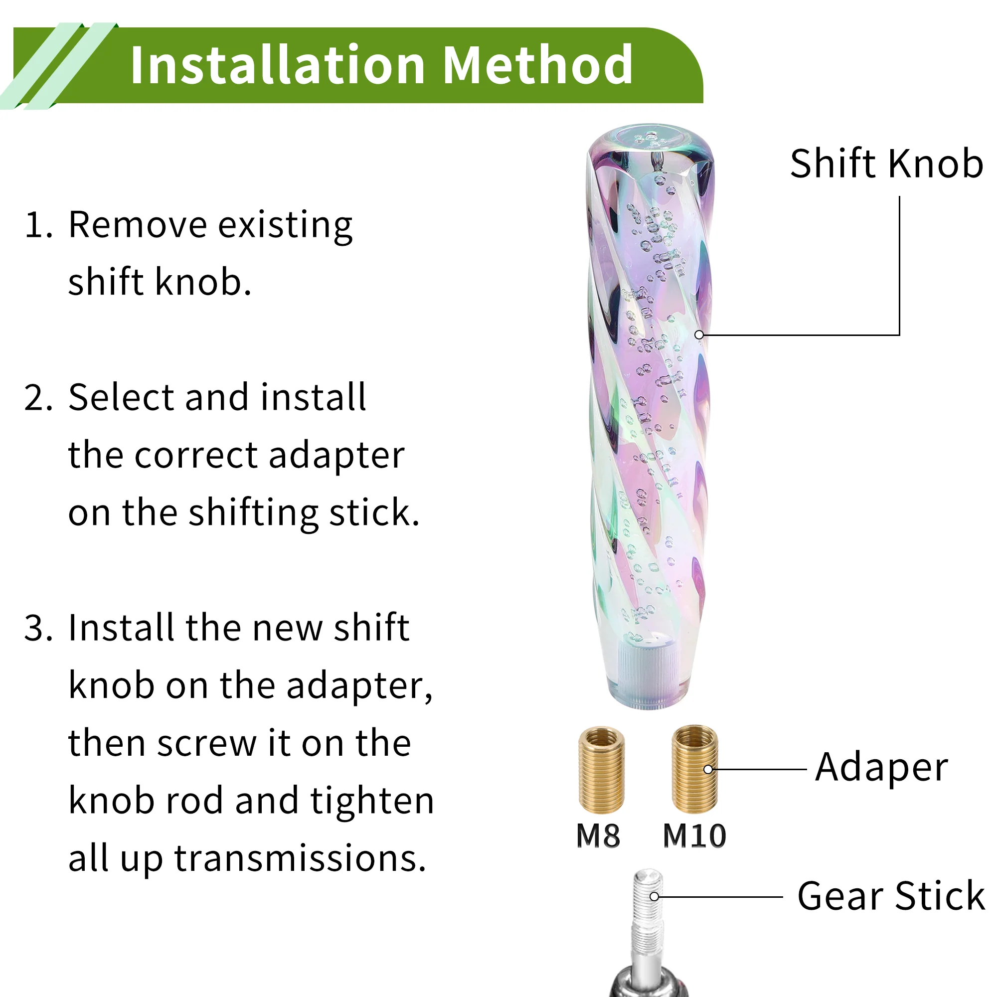 Twisted Pattern Crystal 25cm Shift Knob Gear Shifter Knob Acrylic Stick Shifter Lever Knob for Automatic Manual Vehicle W/ 2 Adapter Multicolor 1 Set - Image 7