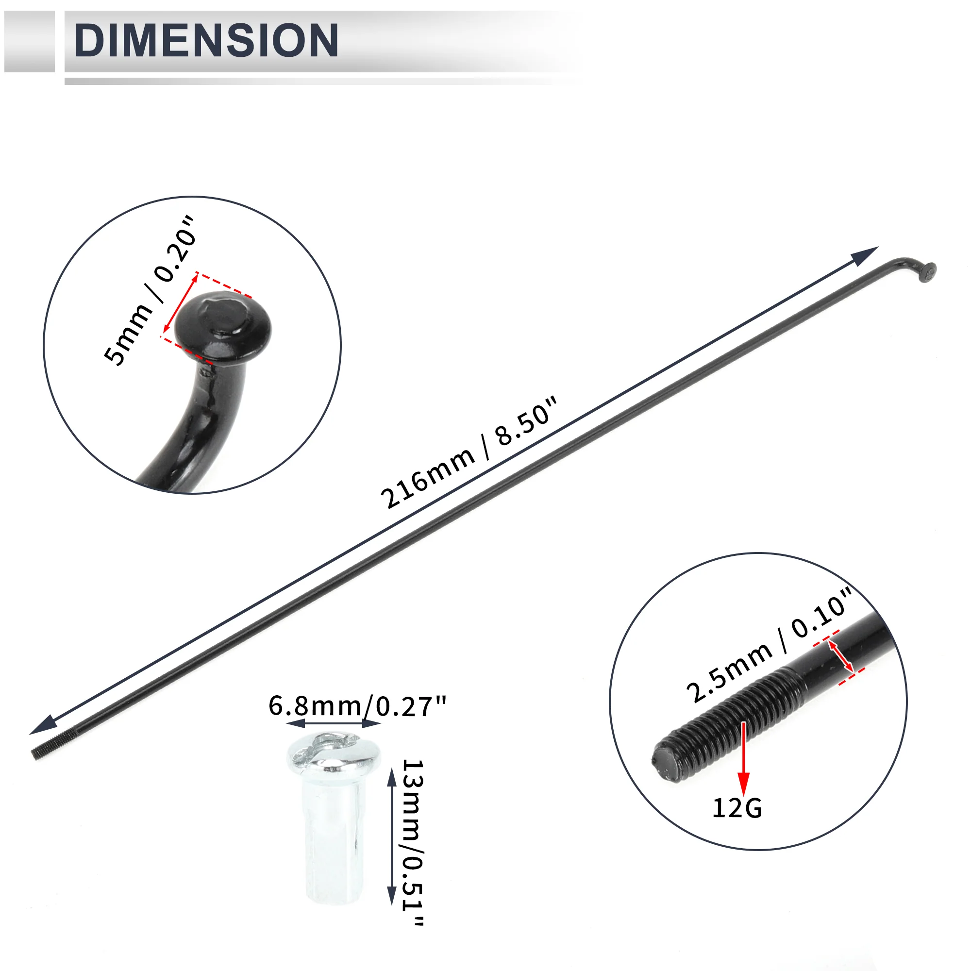 1 Set Universal Bicycle Spokes 12G 216mm Length Bike Wheel Spokes Nipple Black Carbon Steel - Image 7
