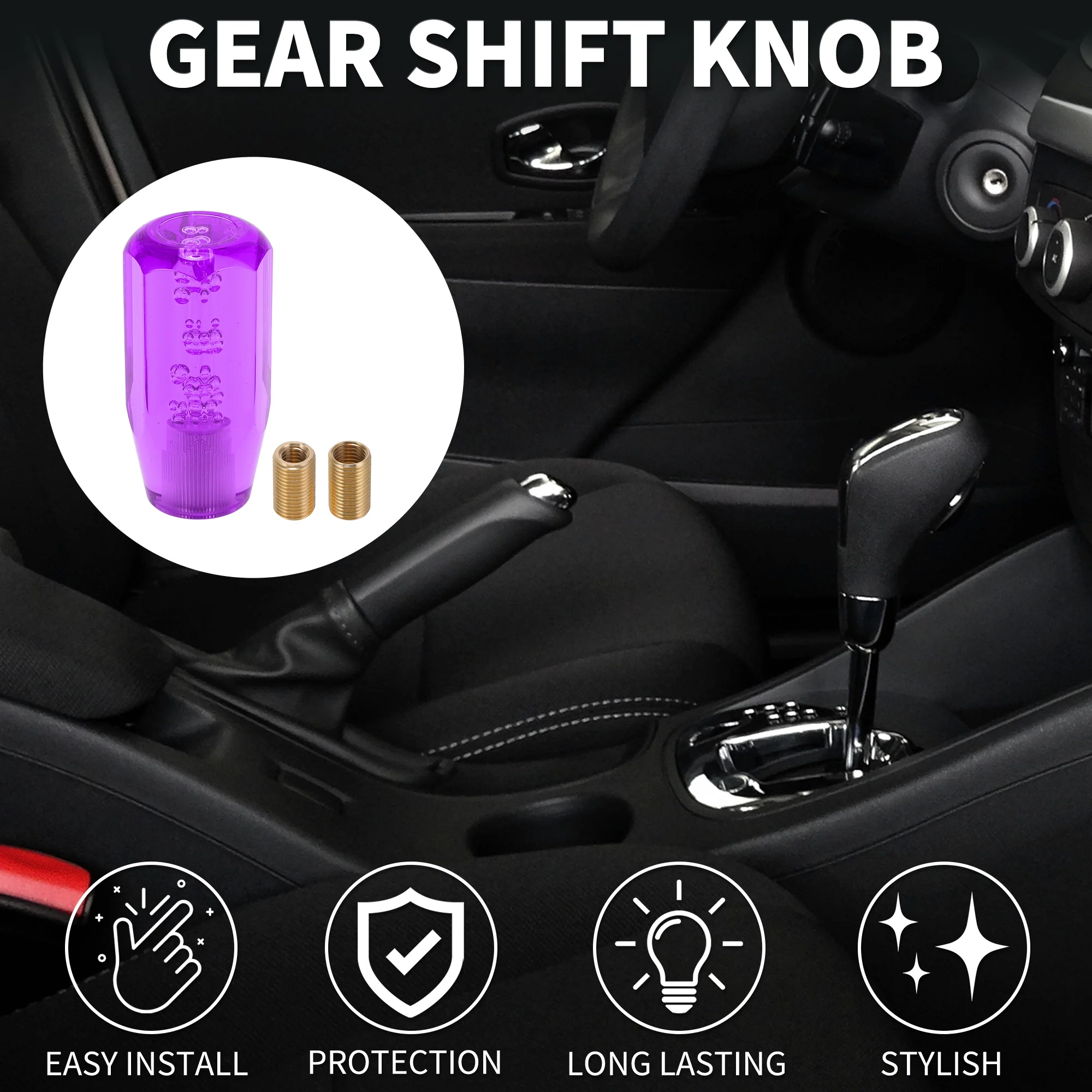 10cm Octagonal Crystal Automatic and Manual Shift Knob W/ 2 Adapter Purple 1 Set - Image 2