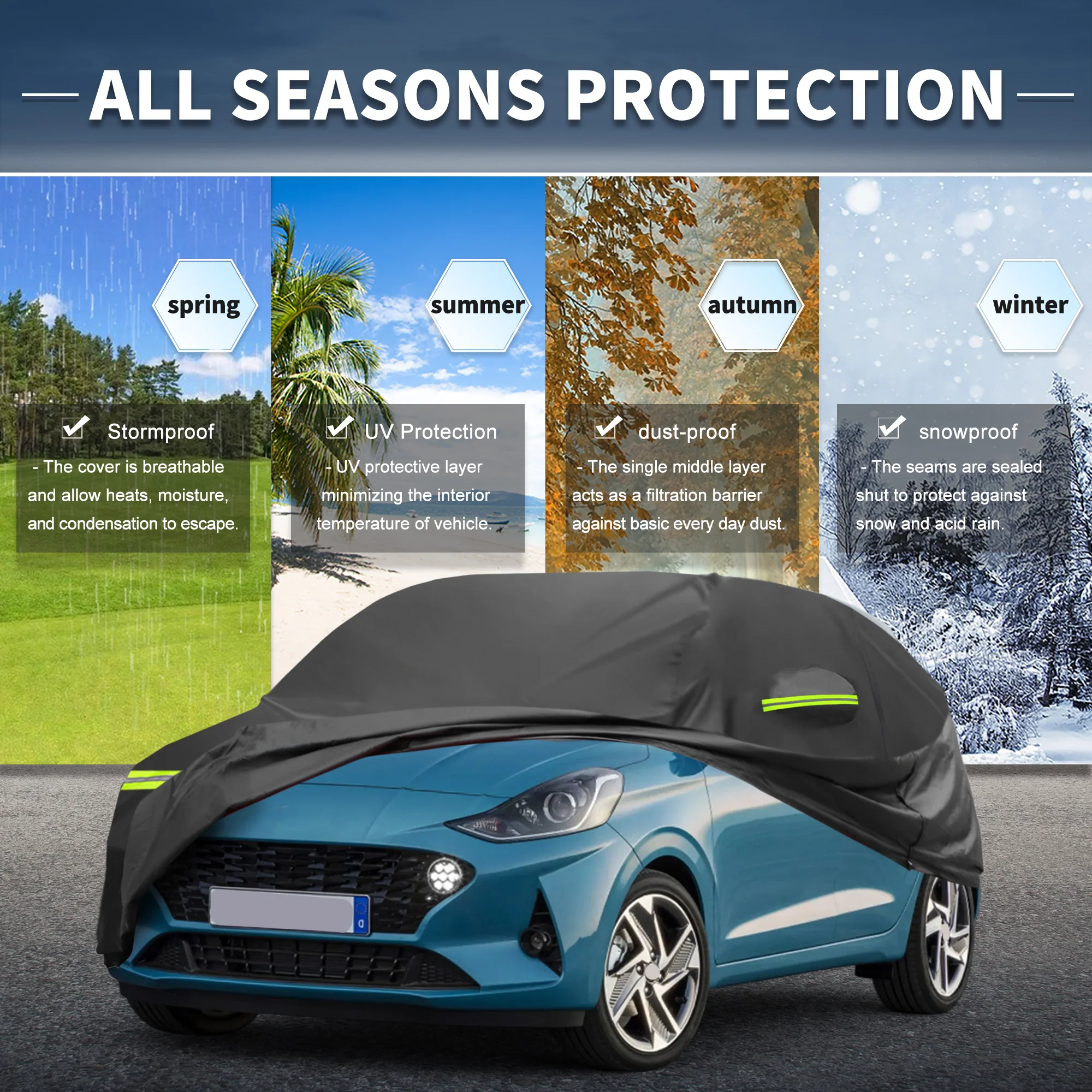 Car Cover for Hyundai I10 II/III 2013-2020 210D-PU Outdoor Full Car Cover All Weather Waterproof Windproof Sun Protection with Driver Door Zipper - Image 3