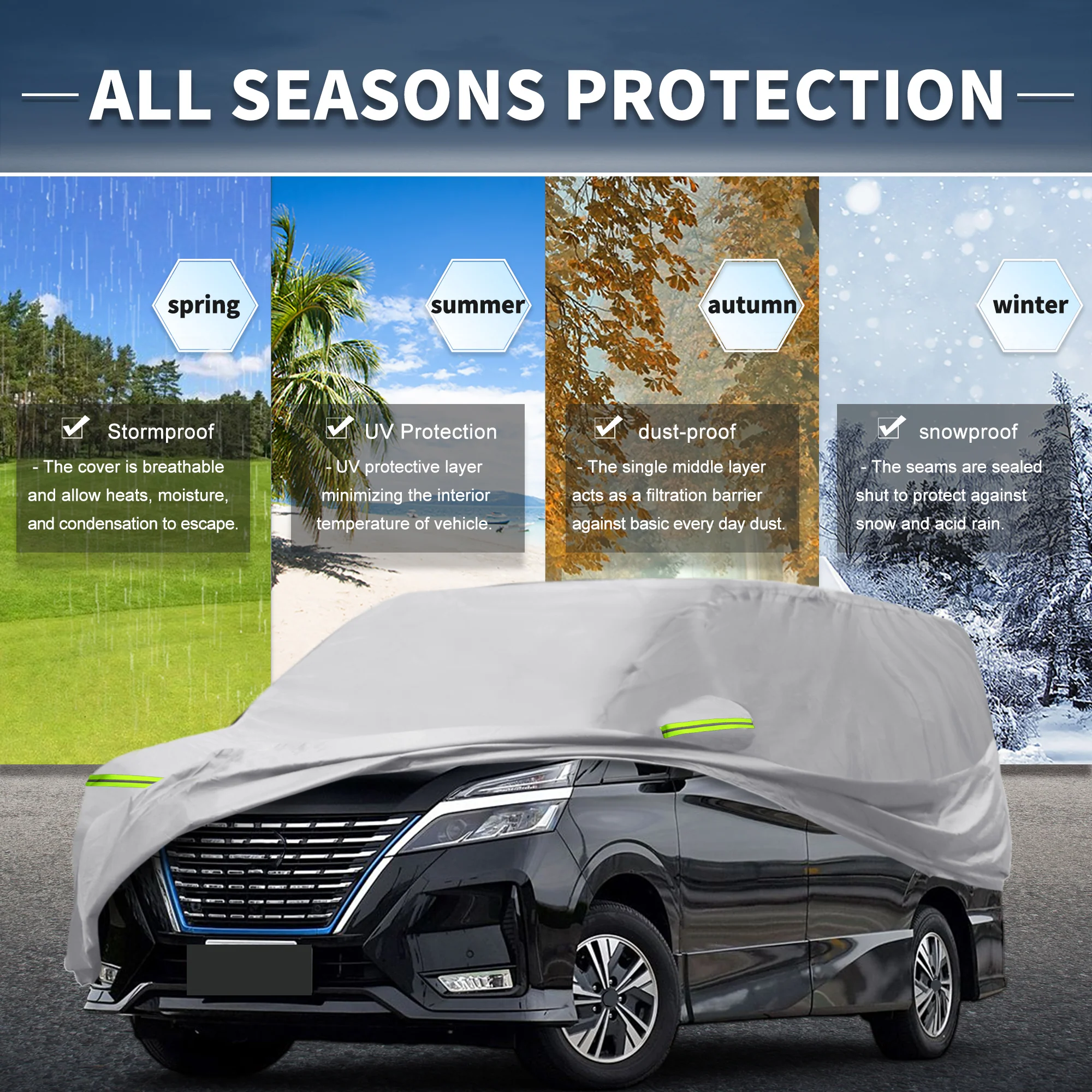 Car Cover for Nissan Serena Aluminum Film,Cotton Outdoor Full Car Cover All Weather Waterproof Windproof Sun Protection with Driver Door Zipper - Image 2