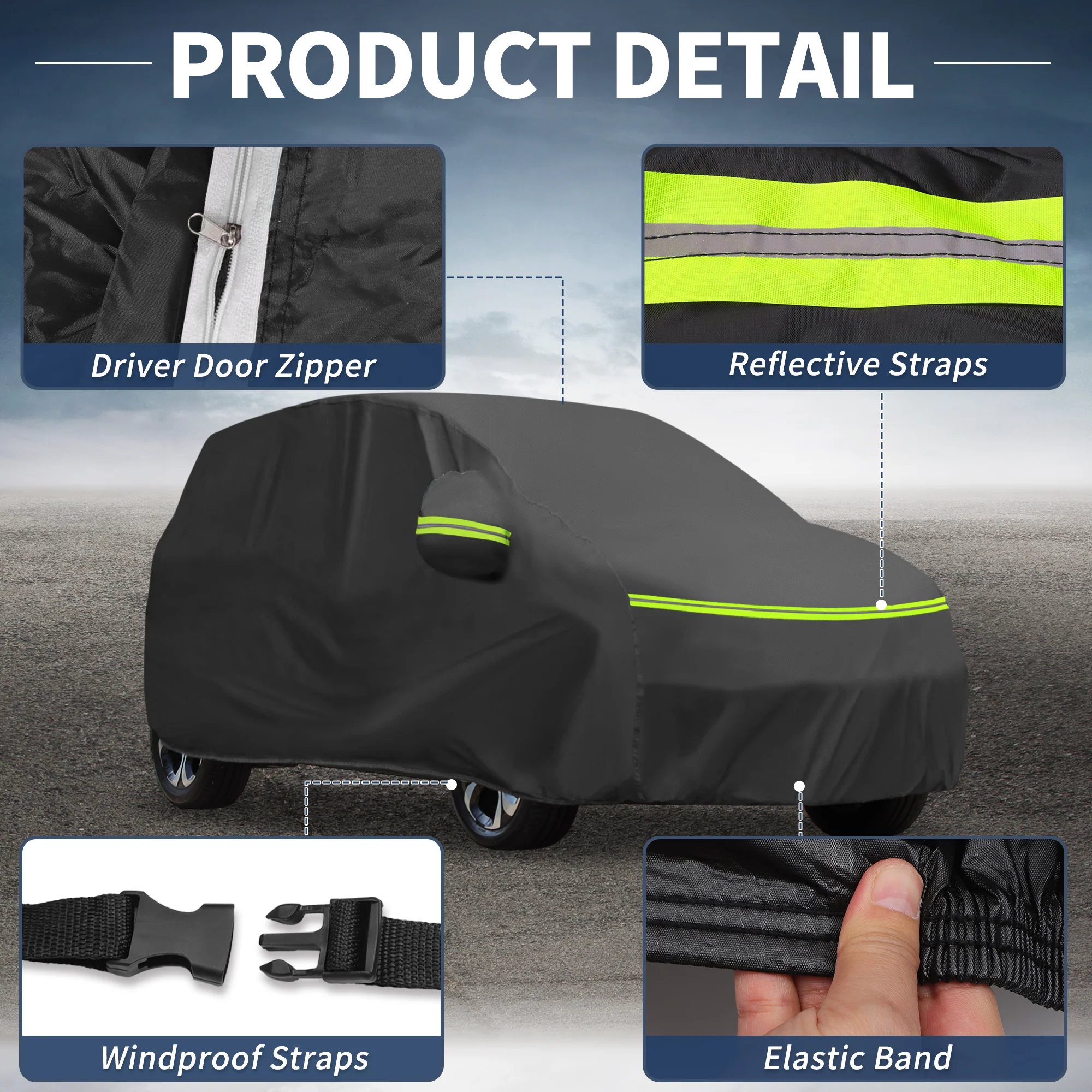 Car Cover for Jeep Renegade 2014-2019 210D-PU Outdoor Full Car Cover All Weather Waterproof Windproof Sun Rain Snow Protection with Driver Door Zipper - Image 7