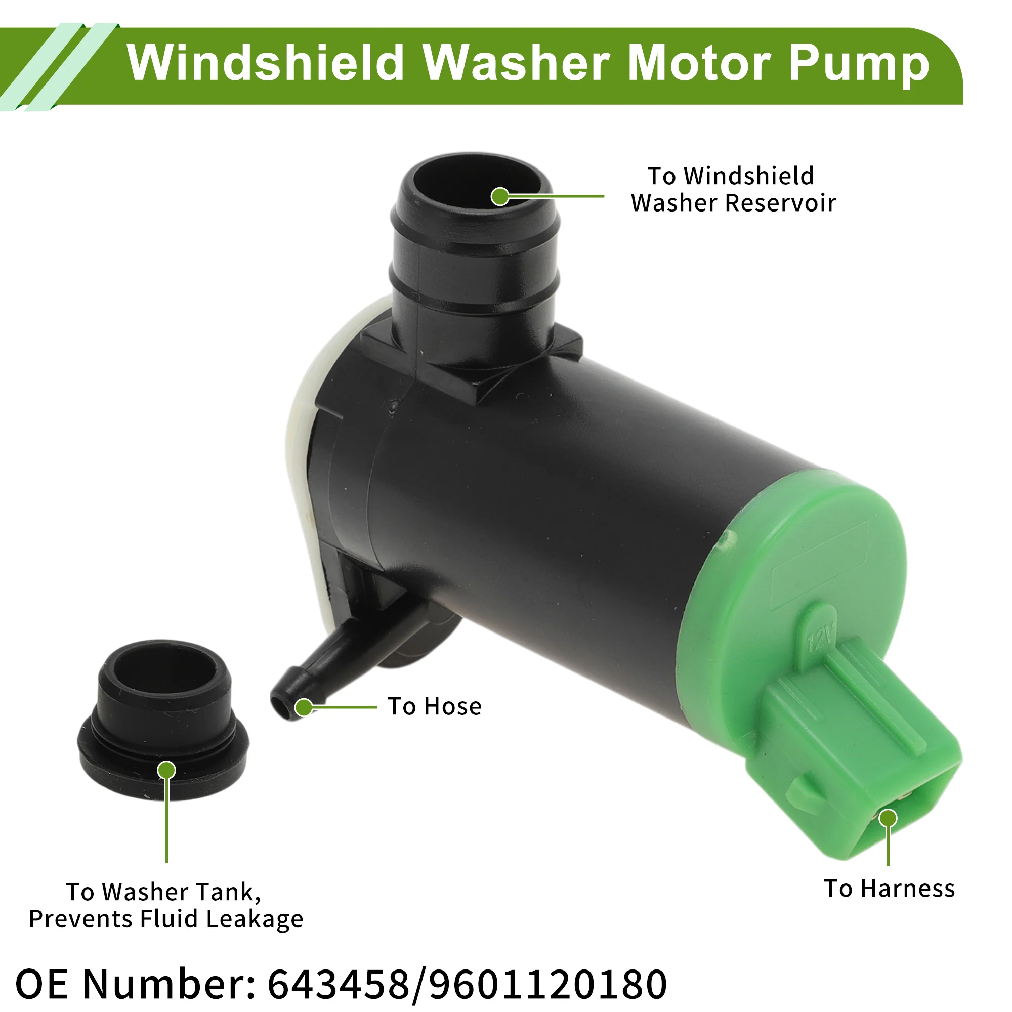 Windshield Washer Pump W/Grommet for PEUGEOT 106 MK1 (1A, 1C) 1991-1996 Washer Fluid Pump Windshield Wiper Pump No.643458/9601120180 Black,Green 1 Set - Image 5