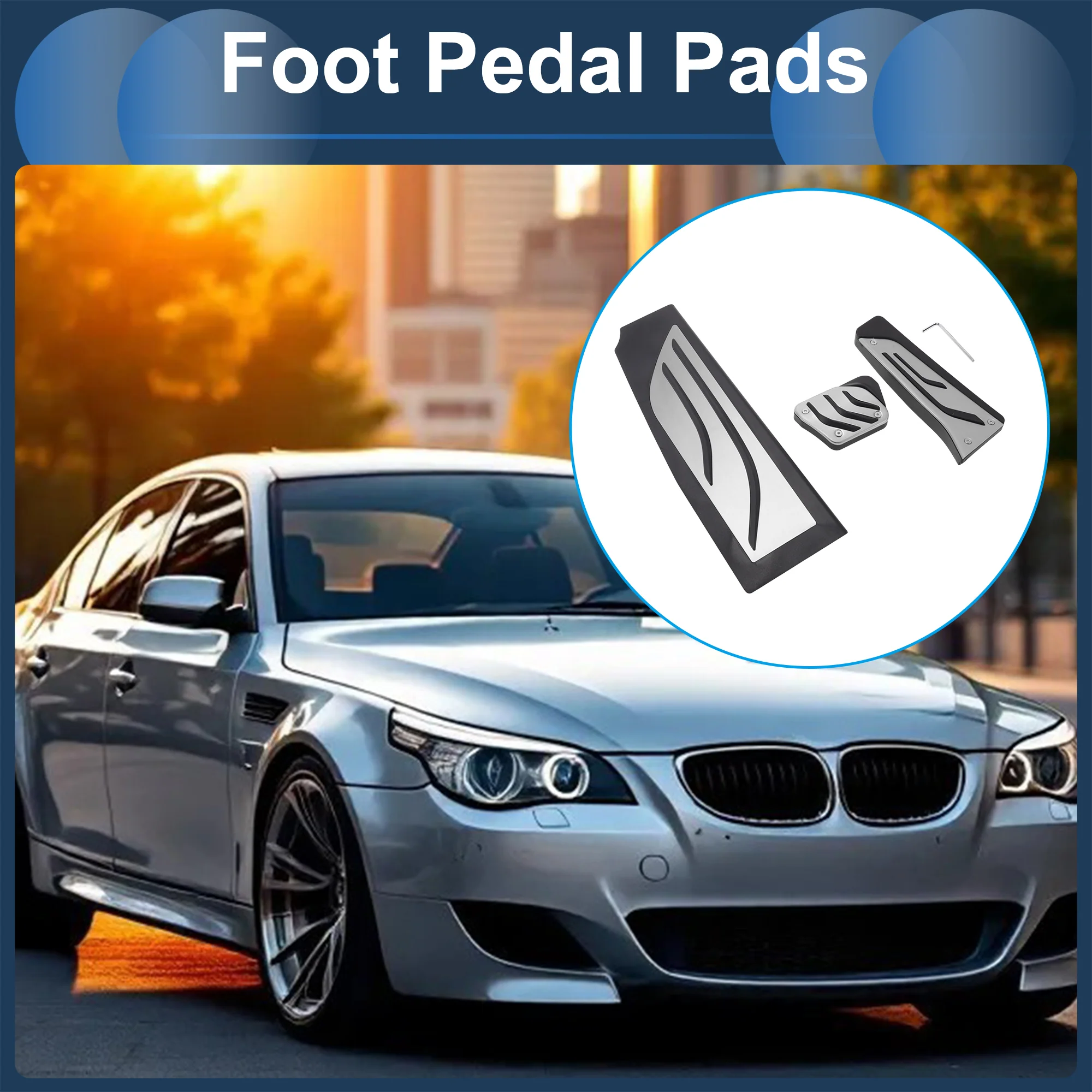 3 Pcs Automatic Foot Pedal Pads Foot Accelerator Pedal Covers for BMW 5 SeriesE60/61 2004-2010 Stainless Steel Silver Tone - Image 3