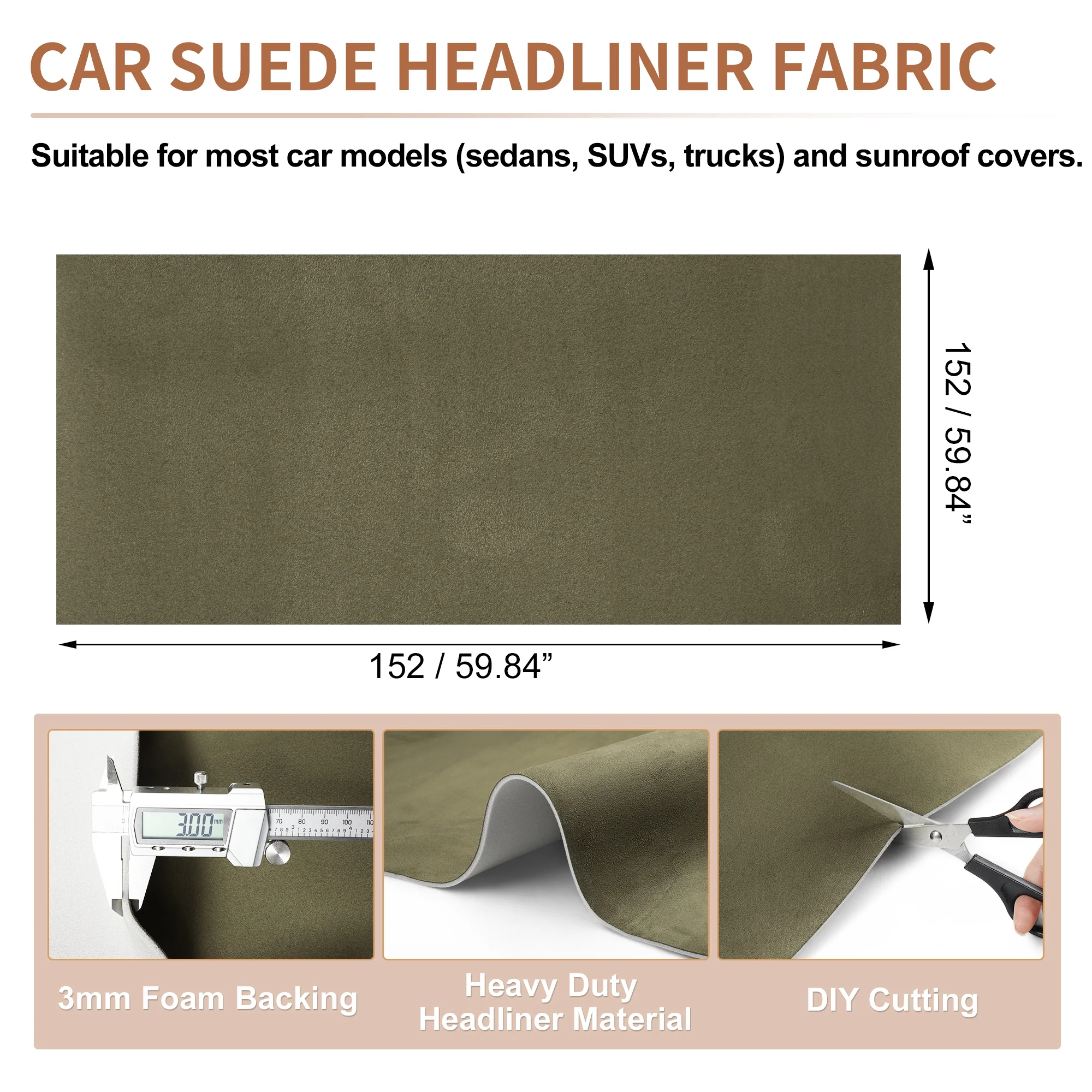 Suede Fabric Headliner Fabric 59.84" x 59.84" Foam Back for Car Roof Repair - Image 2