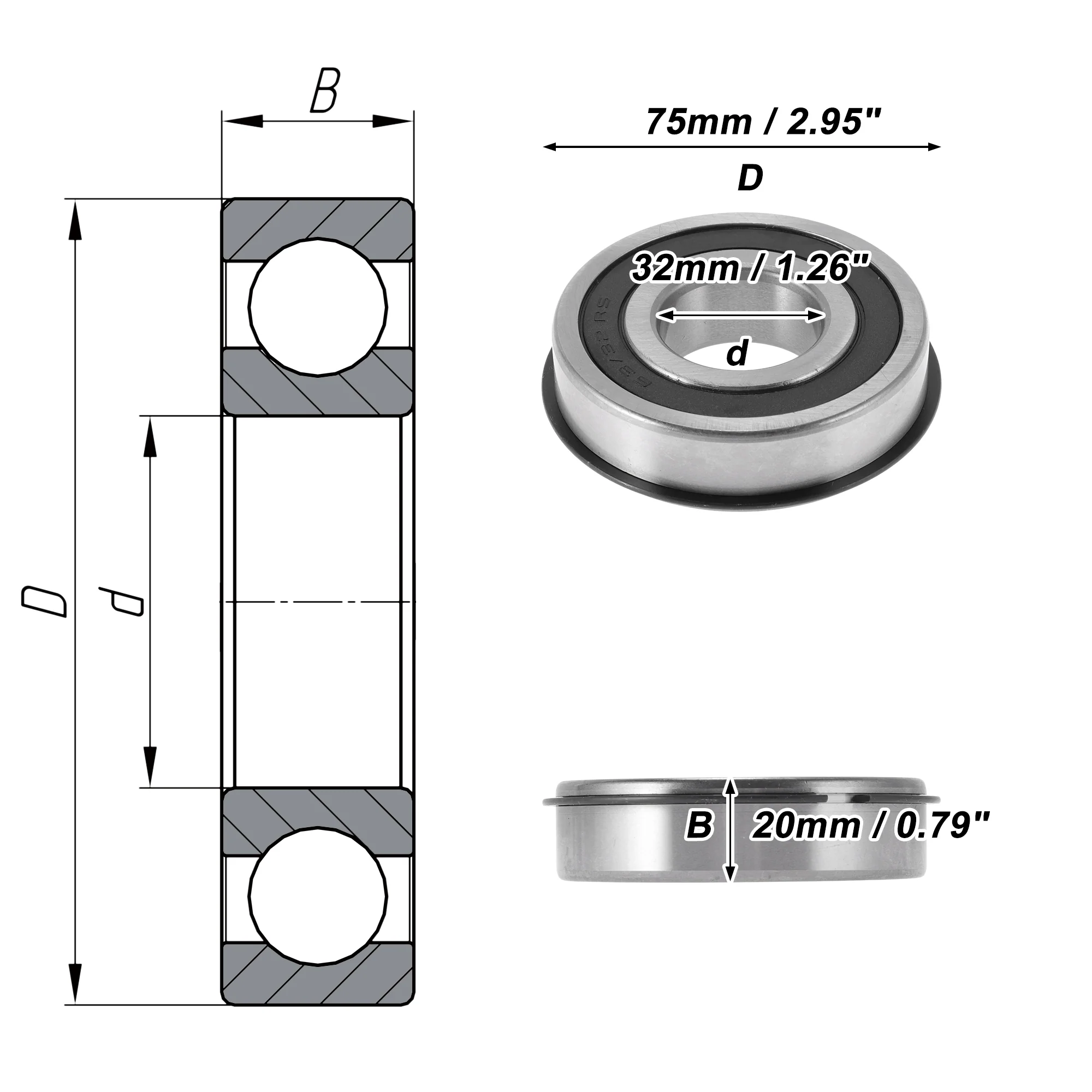 63/32NR2RS Deep Groove Ball Bearings 32x75x20mm Silver Tone Black - Image 4