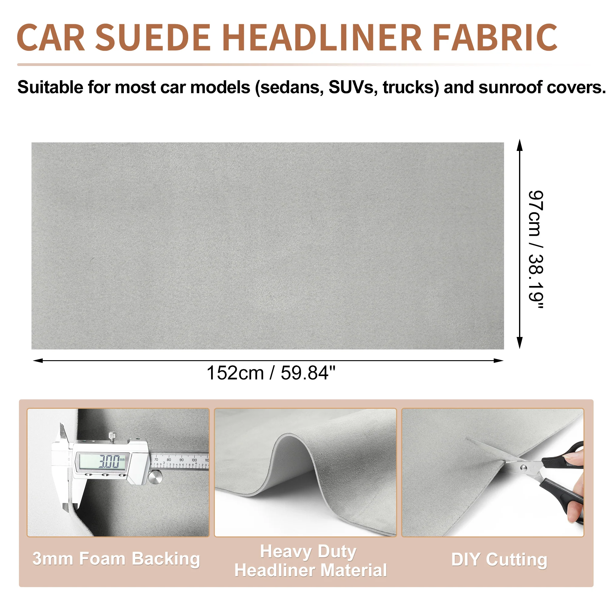 160g Suede Fabric Headliner Fabric 60" L x 38" W Foam Backing Beige - Image 2