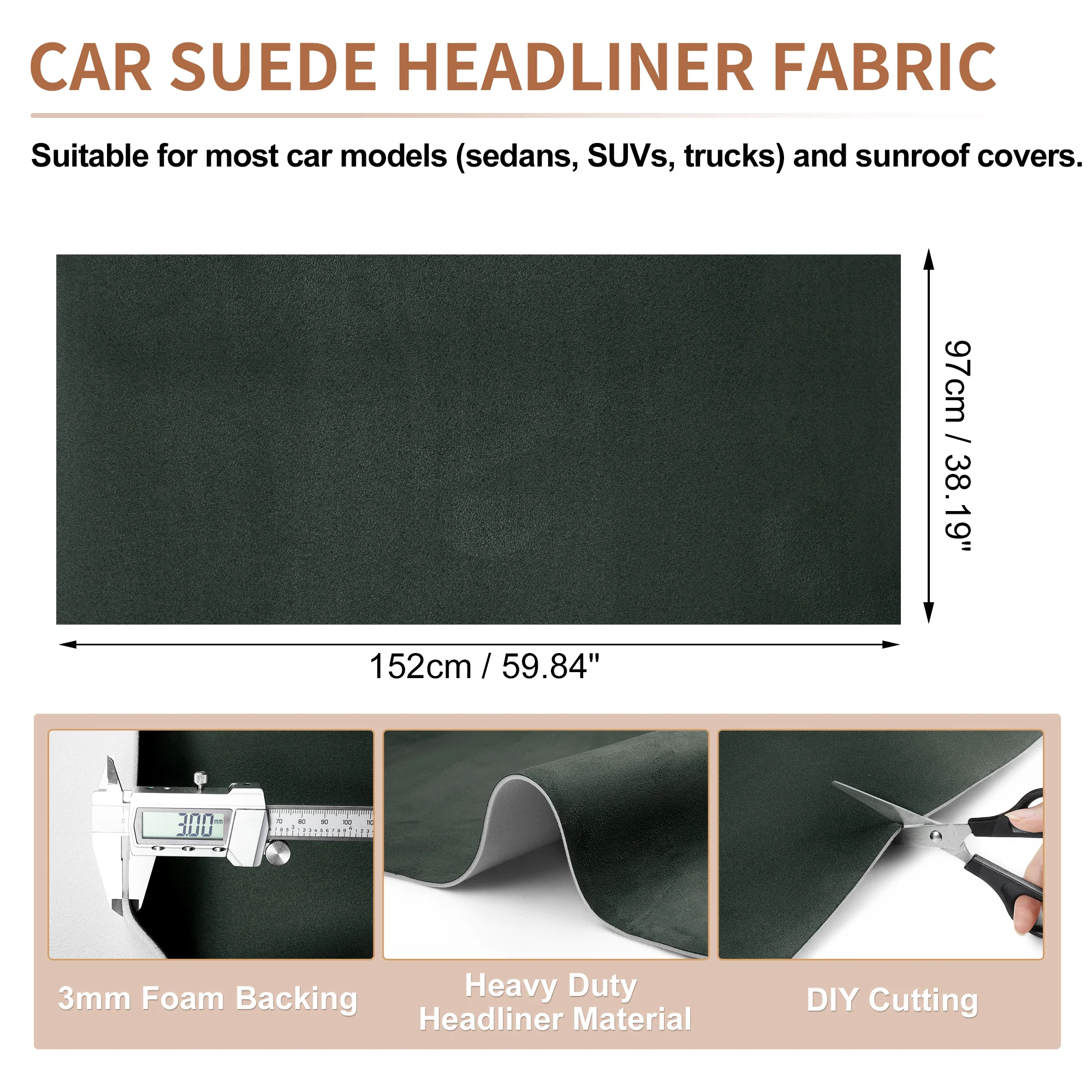 160g Suede Fabric Headliner Fabric 60" L x 38" W Foam Backing Dark Gray - Image 2