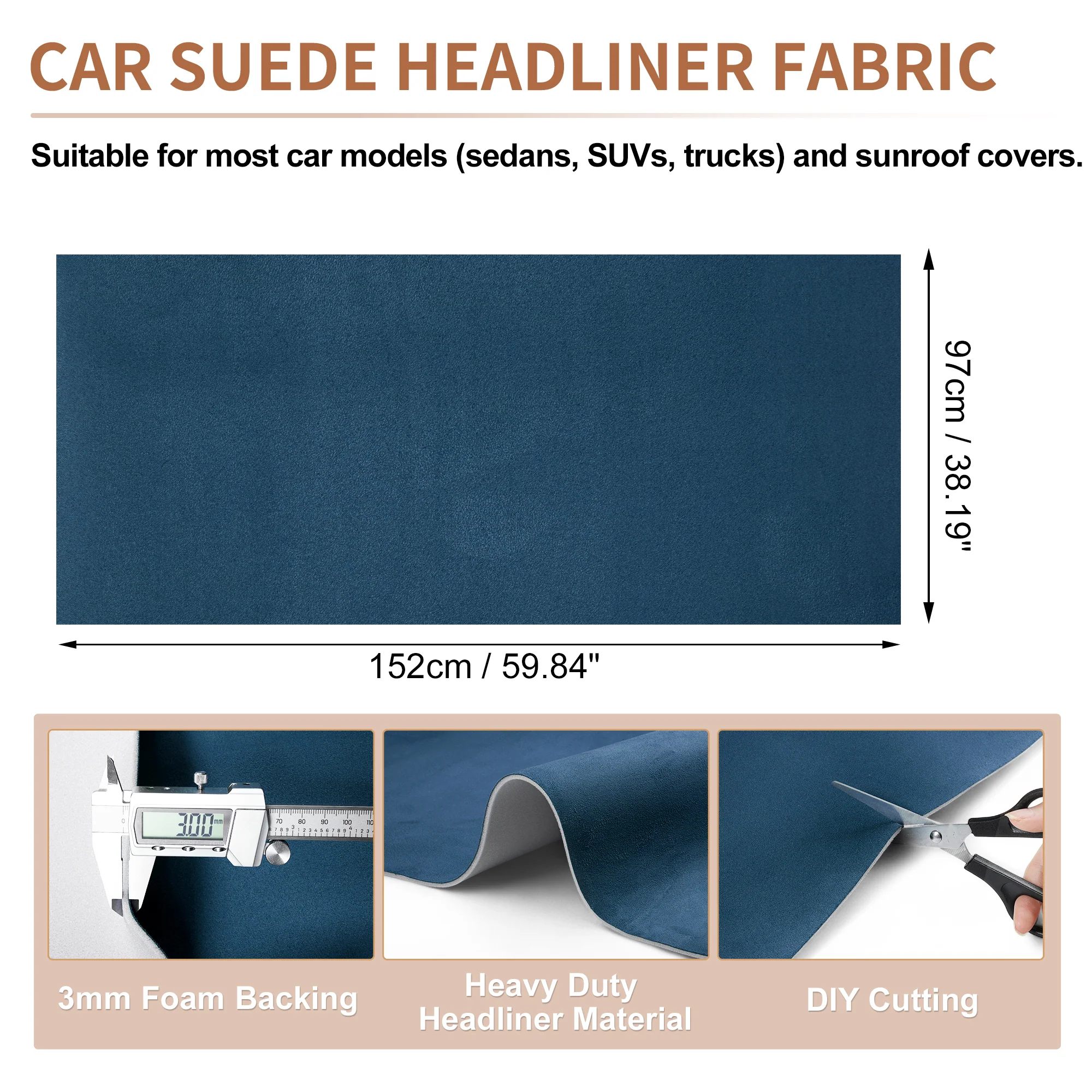 160g Suede Fabric Headliner Fabric 60" L x 38" W Foam Backing Blue - Image 2