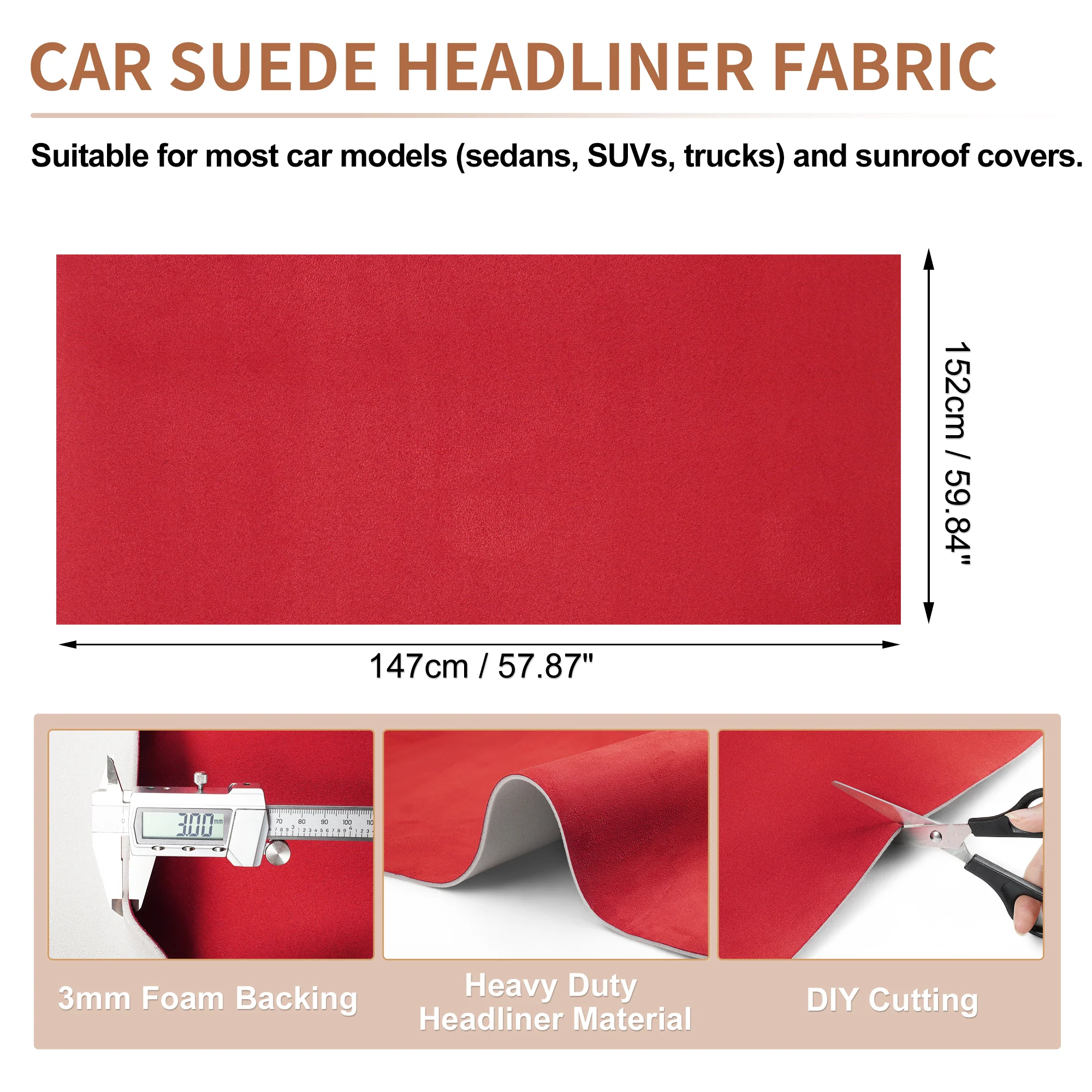 Suede Fabric 160g Headliner Fabric 57.87" L x 59.84" W Sponge Red 1 Pc - Image 2