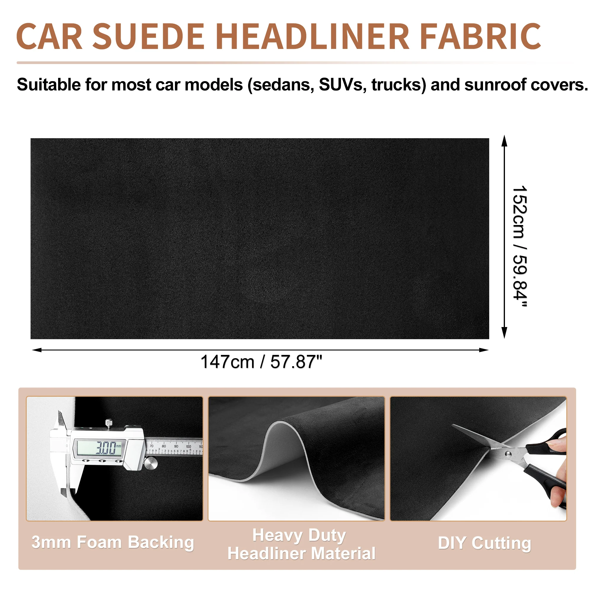Suede Fabric 160g Headliner Fabric 57.87" L x 59.84" W Sponge Black 1 Pc - Image 2