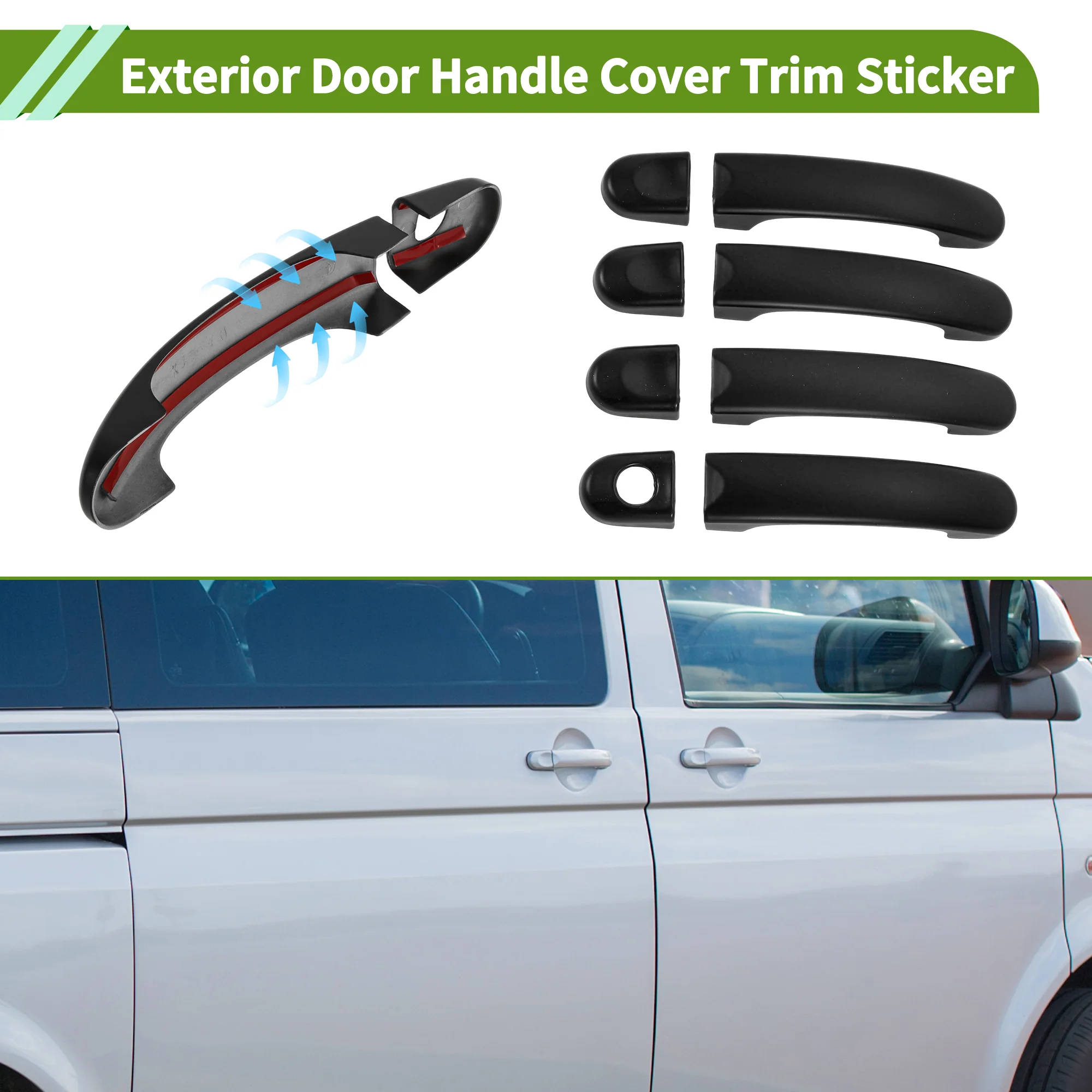 Exterior Door Handle Cover Trim for Volkswagen Transporter (T5) Matte Black 8Pcs - Image 3
