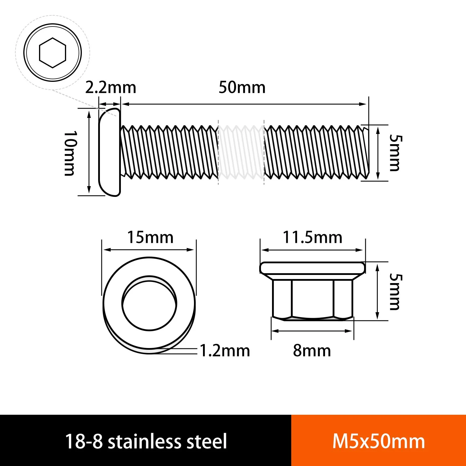 Hex Drive Flat Head Screws with Serrated Flange Nuts & Washers Sets M3/M4/M5/M6 18-8 Stainless Steel - Image 20