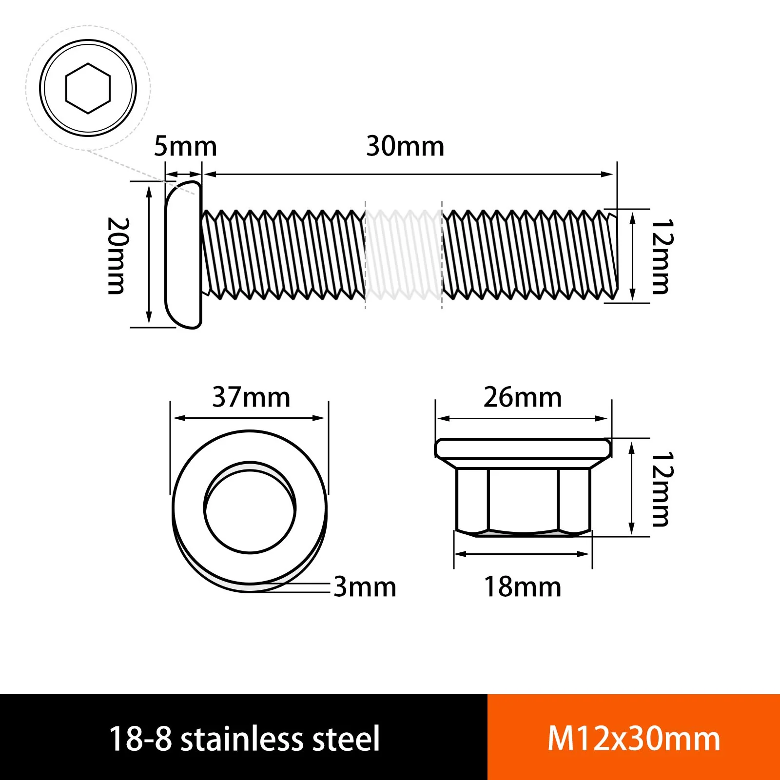 Hex Drive Flat Head Screws with Serrated Flange Nuts & Washers Sets M8/M10/M12 18-8 Stainless Steel - Image 4