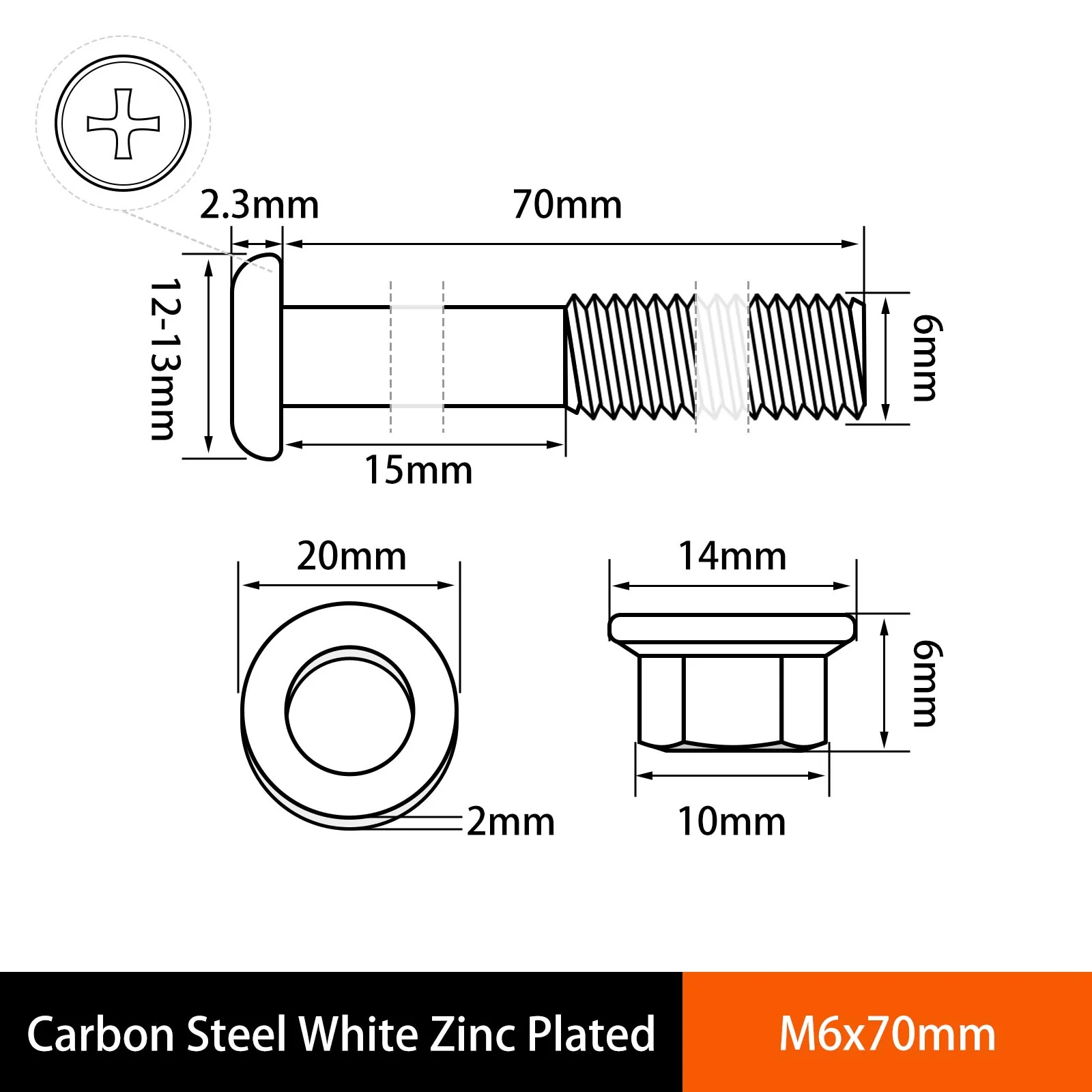 Phillips Flat Head Screws with Serrated Flange Nuts & Washers Sets M6/M8 Carbon Steel White or Color Zinc Plated - Image 50
