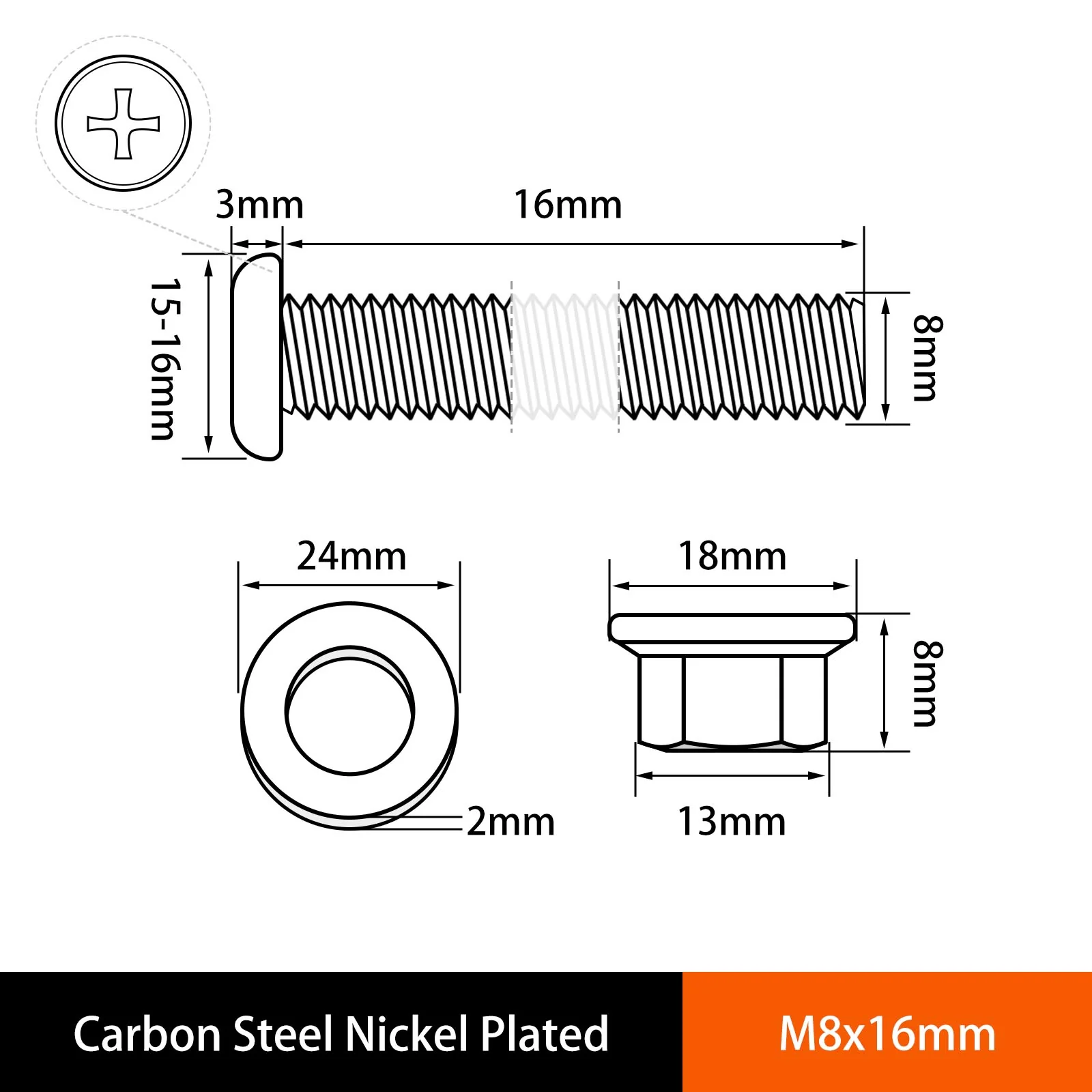 Phillips Flat Head Screws with Serrated Flange Nuts & Washers Sets M6/M8 Carbon Steel Nickel Plated - Image 76