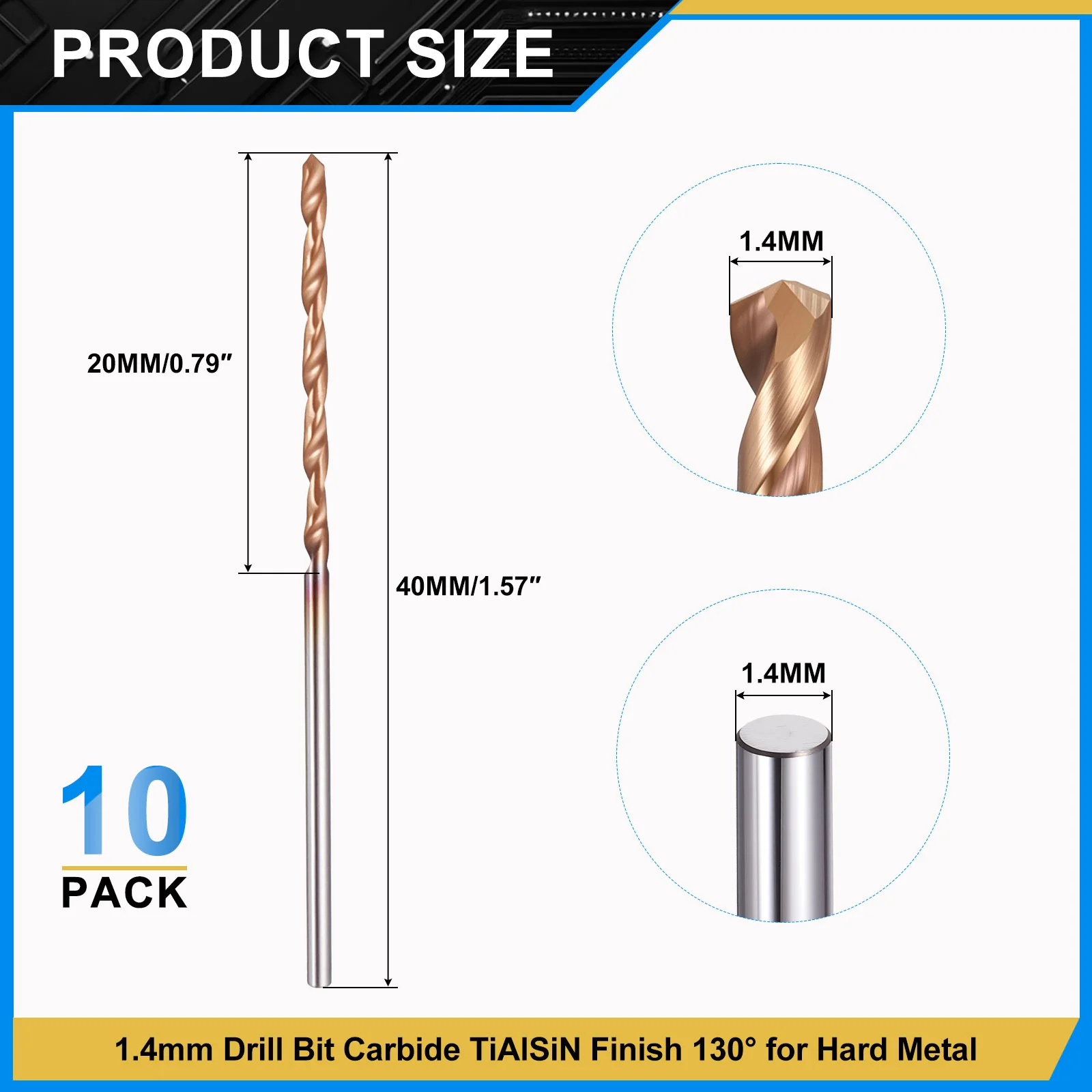 1.4mm Drill Bit Carbide 130° for Hard Metal - 10 Pack - Image 2