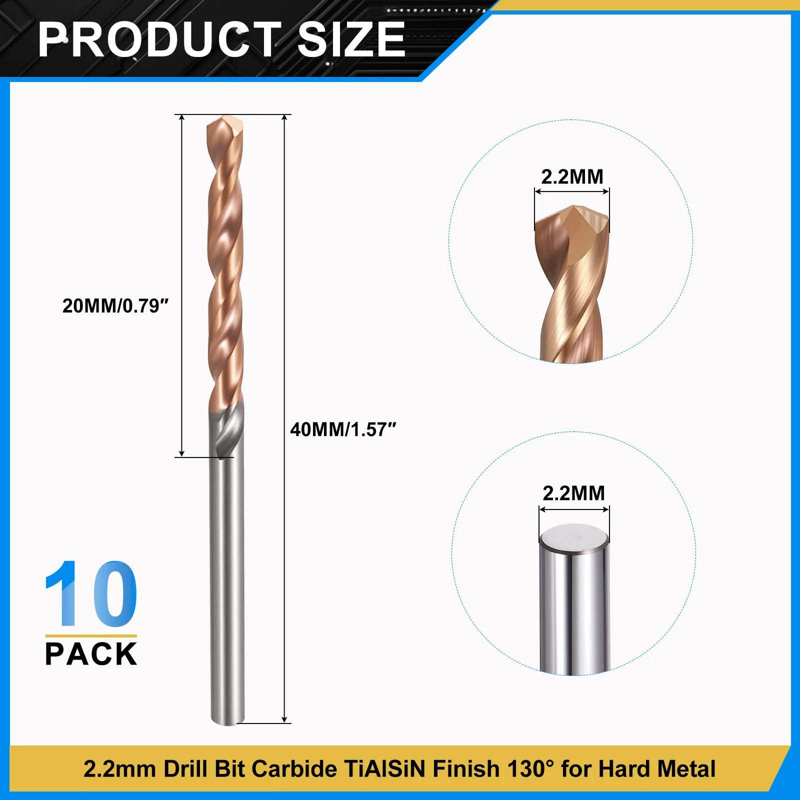 2.2mm Drill Bit Carbide 130° for Hard Metal - 10 Pack - Image 2