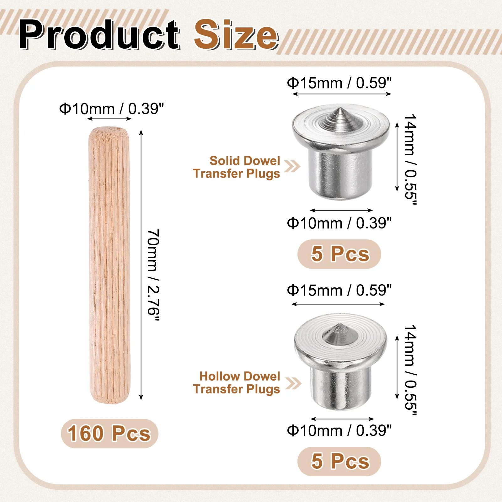 Uxcell 160Pcs Wood Dowel Pins, 10 x 70mm Wooden Dowel Rods with Center Transfer Plugs - Image 2