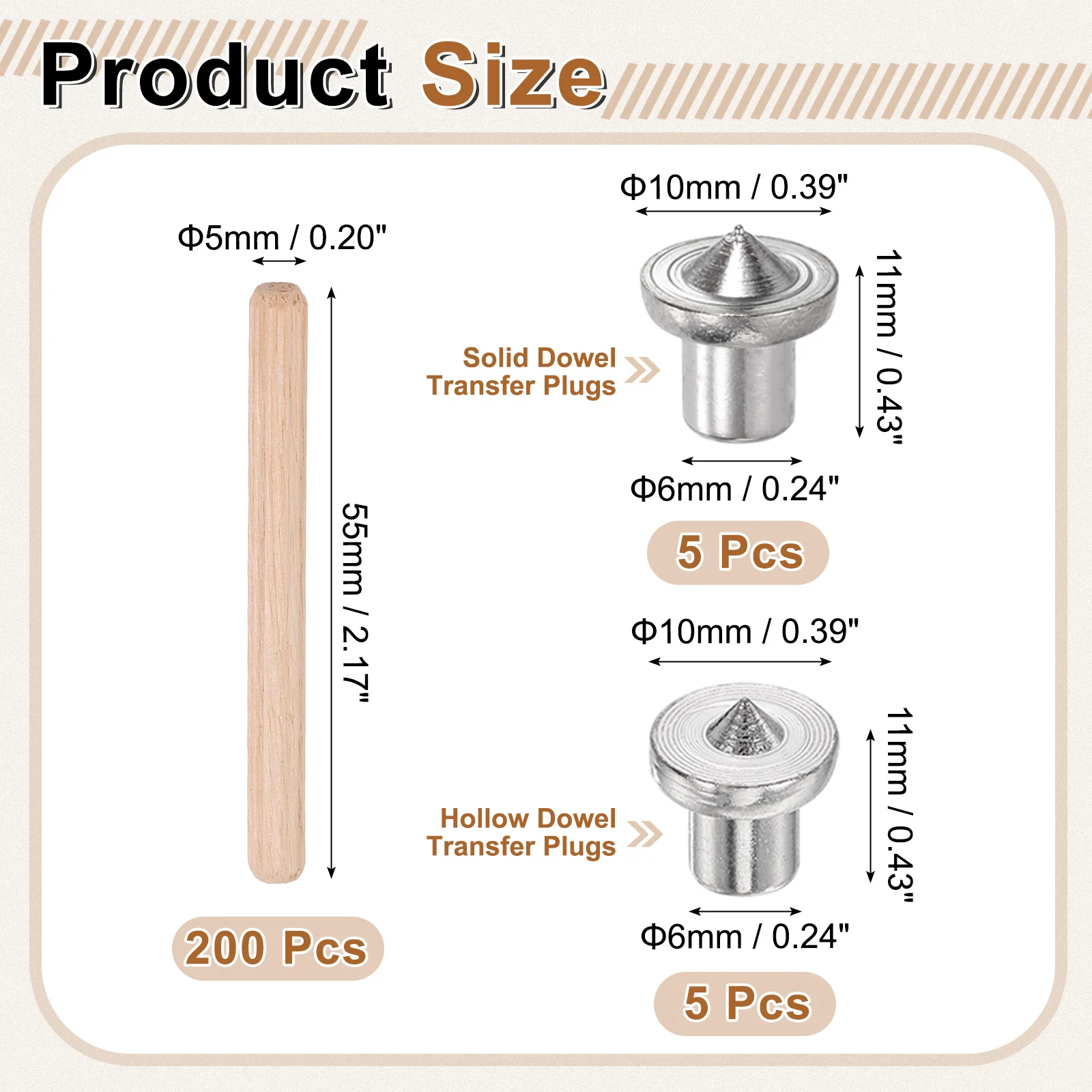 Uxcell 200Pcs Wood Dowel Pins, 5 x 55mm Wooden Dowel Rods with Center Transfer Plugs - Image 2