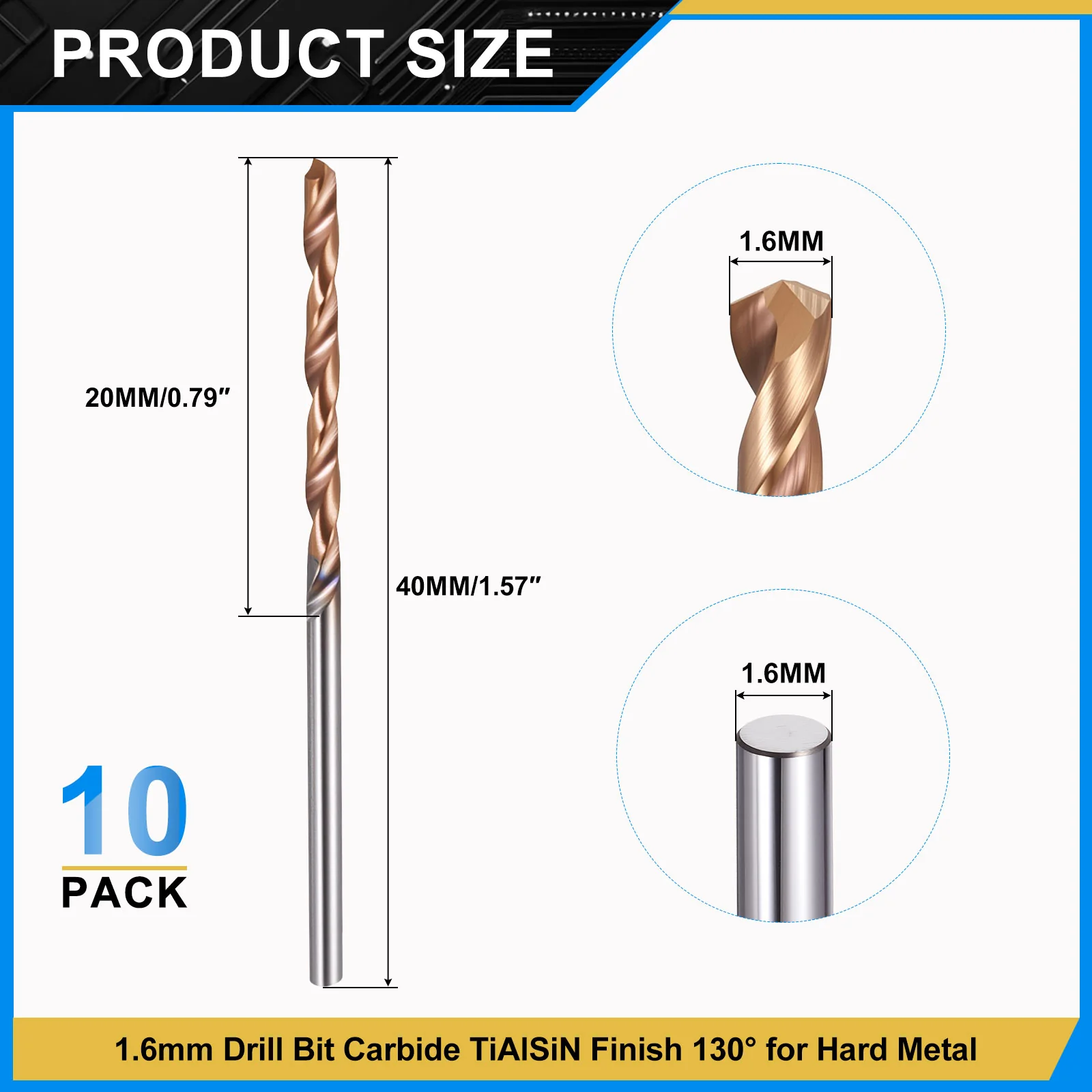 1.6mm Drill Bit Carbide 130° for Hard Metal - 10 Pack - Image 2