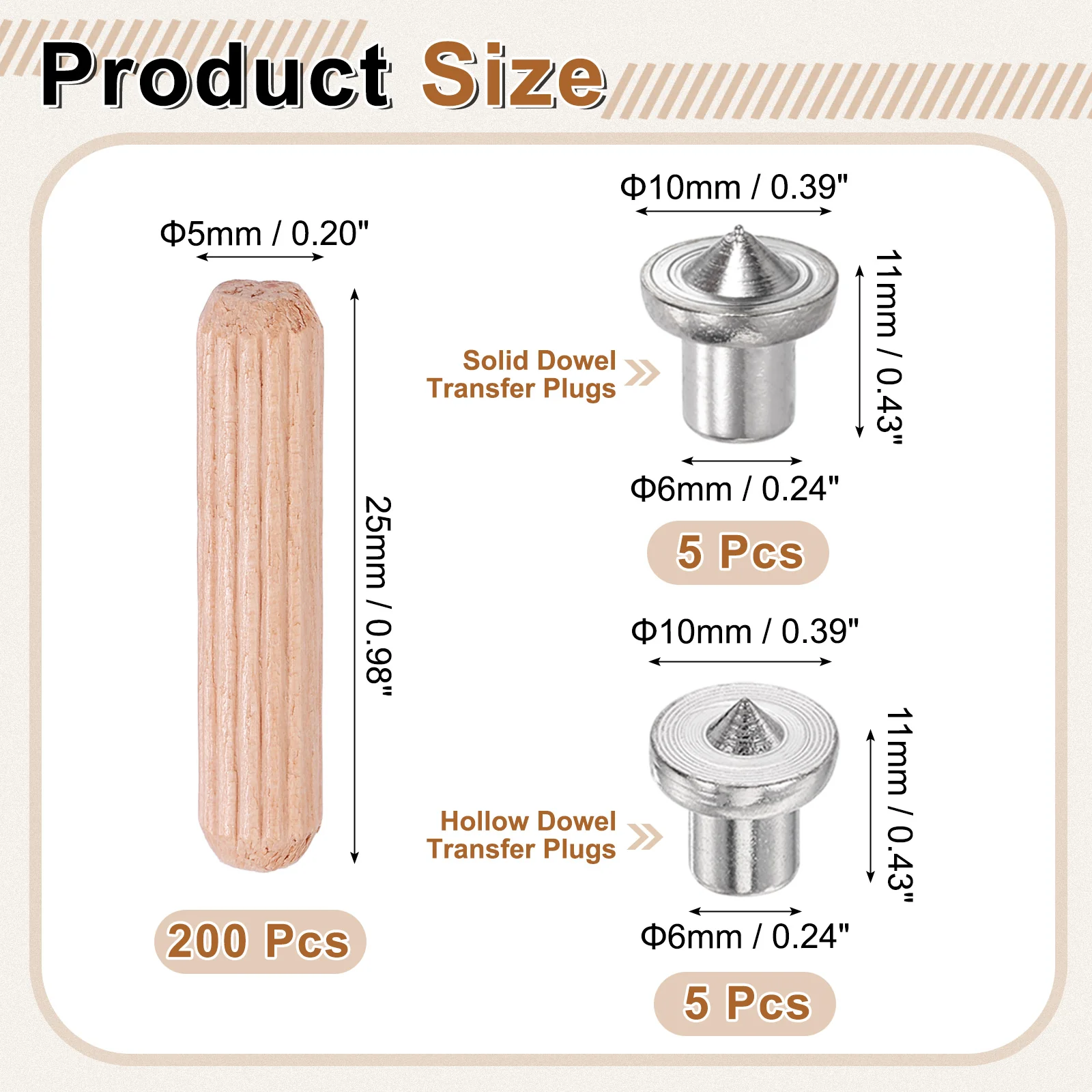 Uxcell 200Pcs Wood Dowel Pins, 5 x 25mm Wooden Dowel Rods with Center Transfer Plugs - Image 2