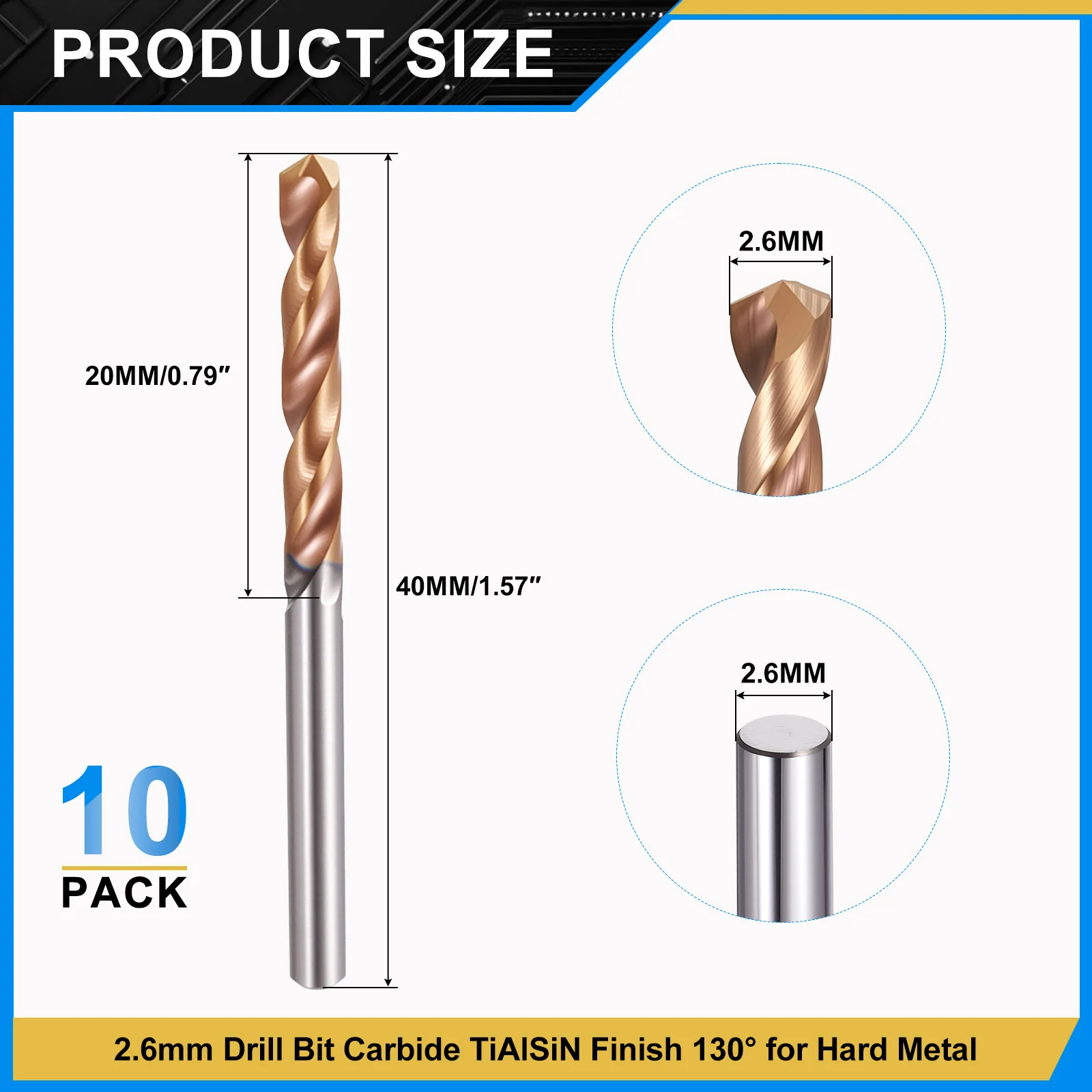 2.6mm Drill Bit Carbide 130° for Hard Metal - 10 Pack - Image 2