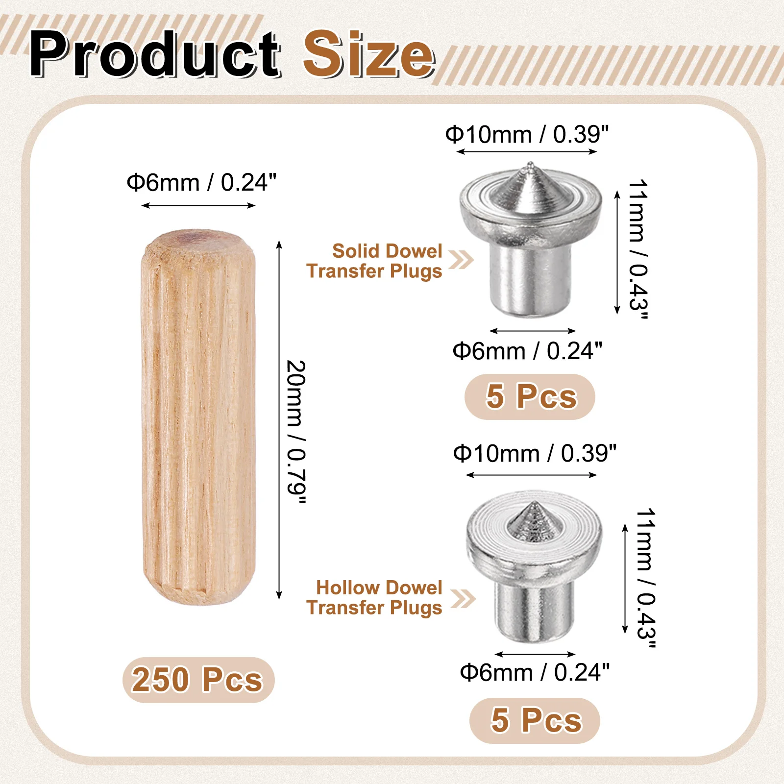 Uxcell 250Pcs Wood Dowel Pins, 6 x 20mm Wooden Dowel Rods with Center Transfer Plugs - Image 2