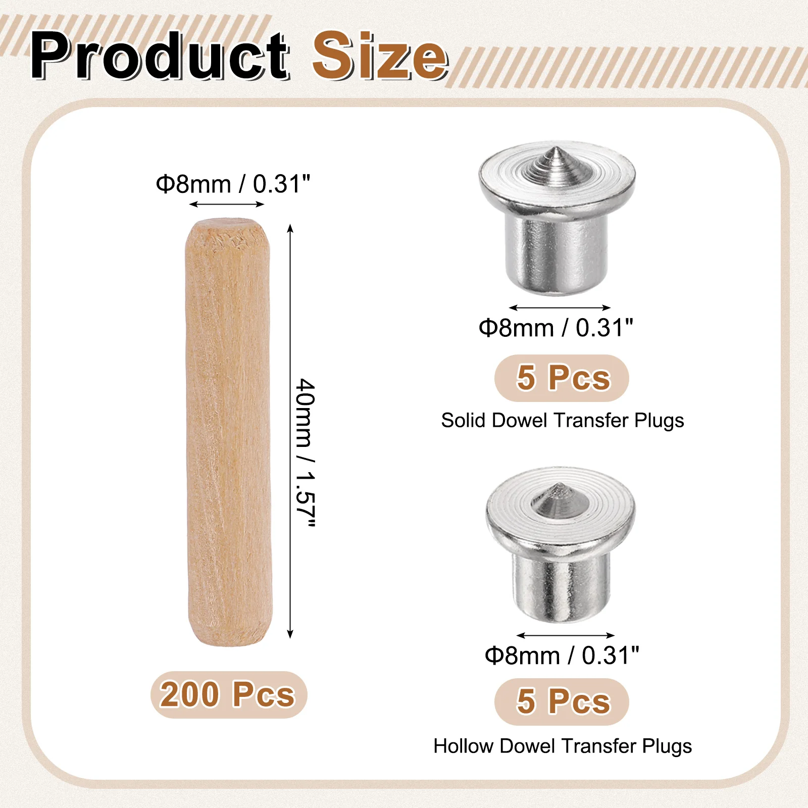 Uxcell 200 Pcs 5/16″ x 1-9/16″ Wood Dowel Pins, Straight Grooved with 10Pcs Pin Centers - Image 2