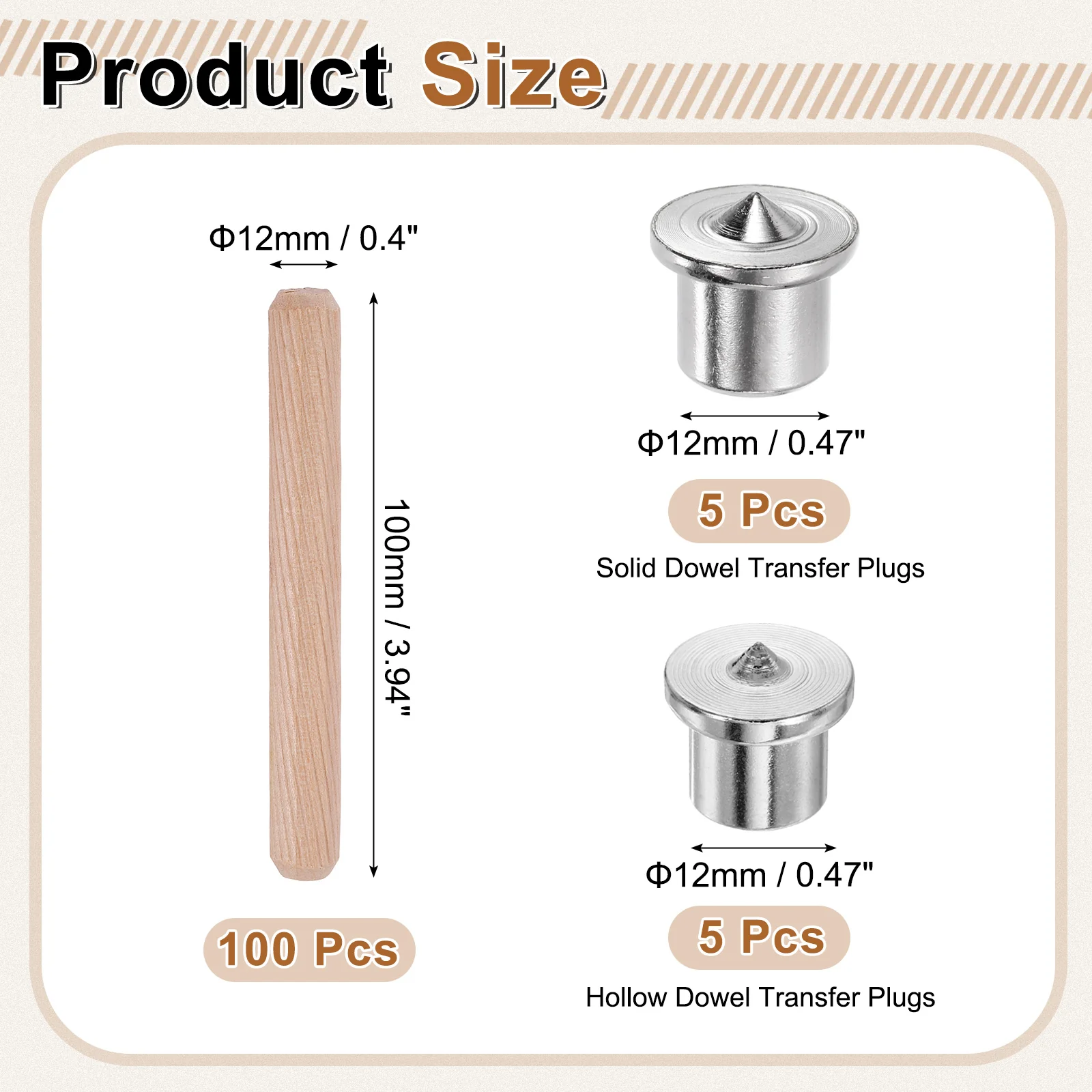 Uxcell 100 Pcs 1/2″ x 4″ Wood Dowel Pins, Straight Grooved with 10Pcs Pin Centers - Image 2