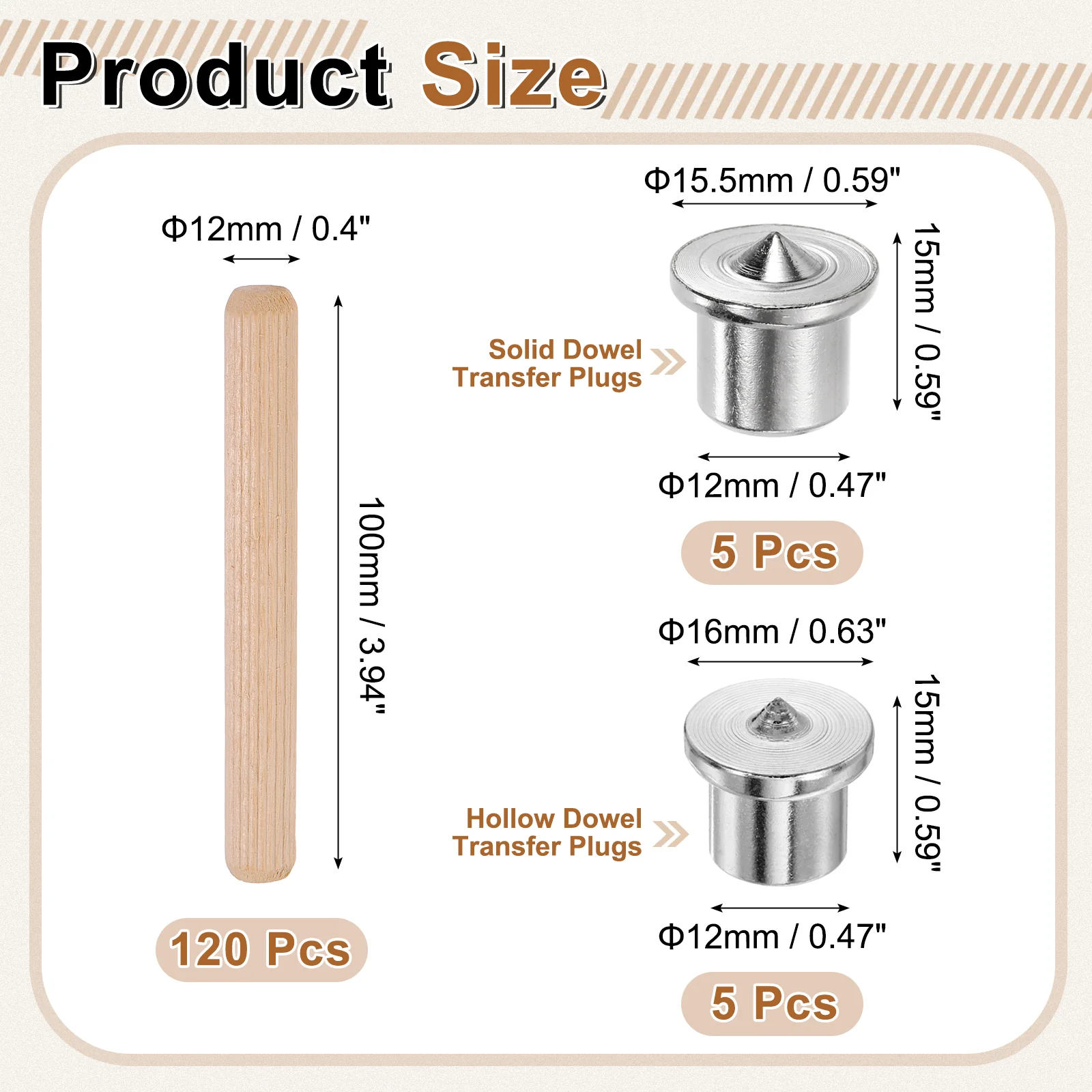 Uxcell 120Pcs Wood Dowel Pins, 12 x 100mm Wooden Dowel Rods with Center Transfer Plugs - Image 2