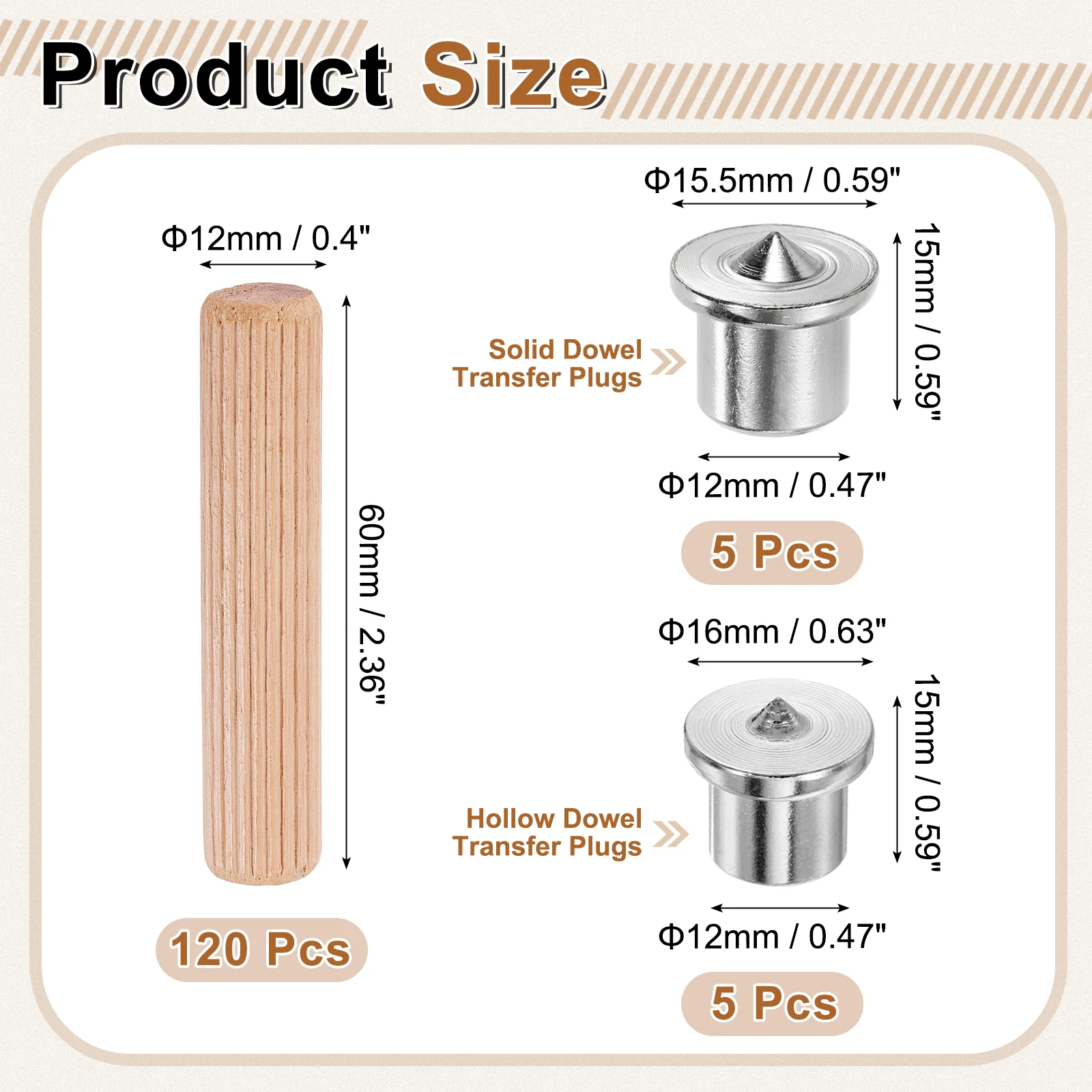 Uxcell 120Pcs Wood Dowel Pins, 12 x 60mm Wooden Dowel Rods with Center Transfer Plugs - Image 2