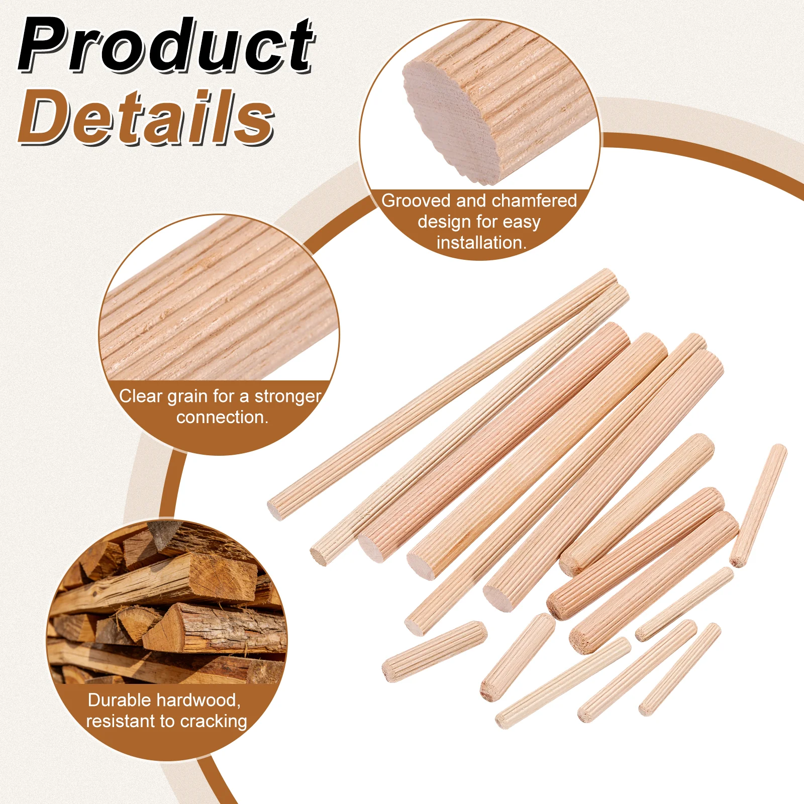 Uxcell 250Pcs Wood Dowel Pins, 6 x 55mm Wooden Dowel Rods with Center Transfer Plugs - Image 3