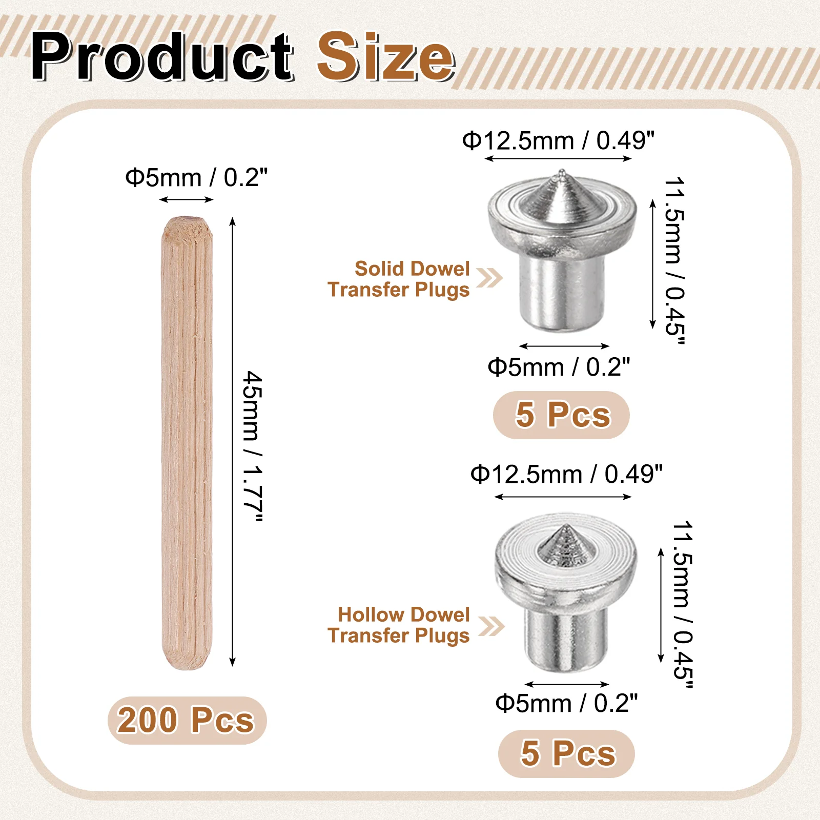 Uxcell 200Pcs Wood Dowel Pins, 5 x 45mm Wooden Dowel Rods with Center Transfer Plugs - Image 2