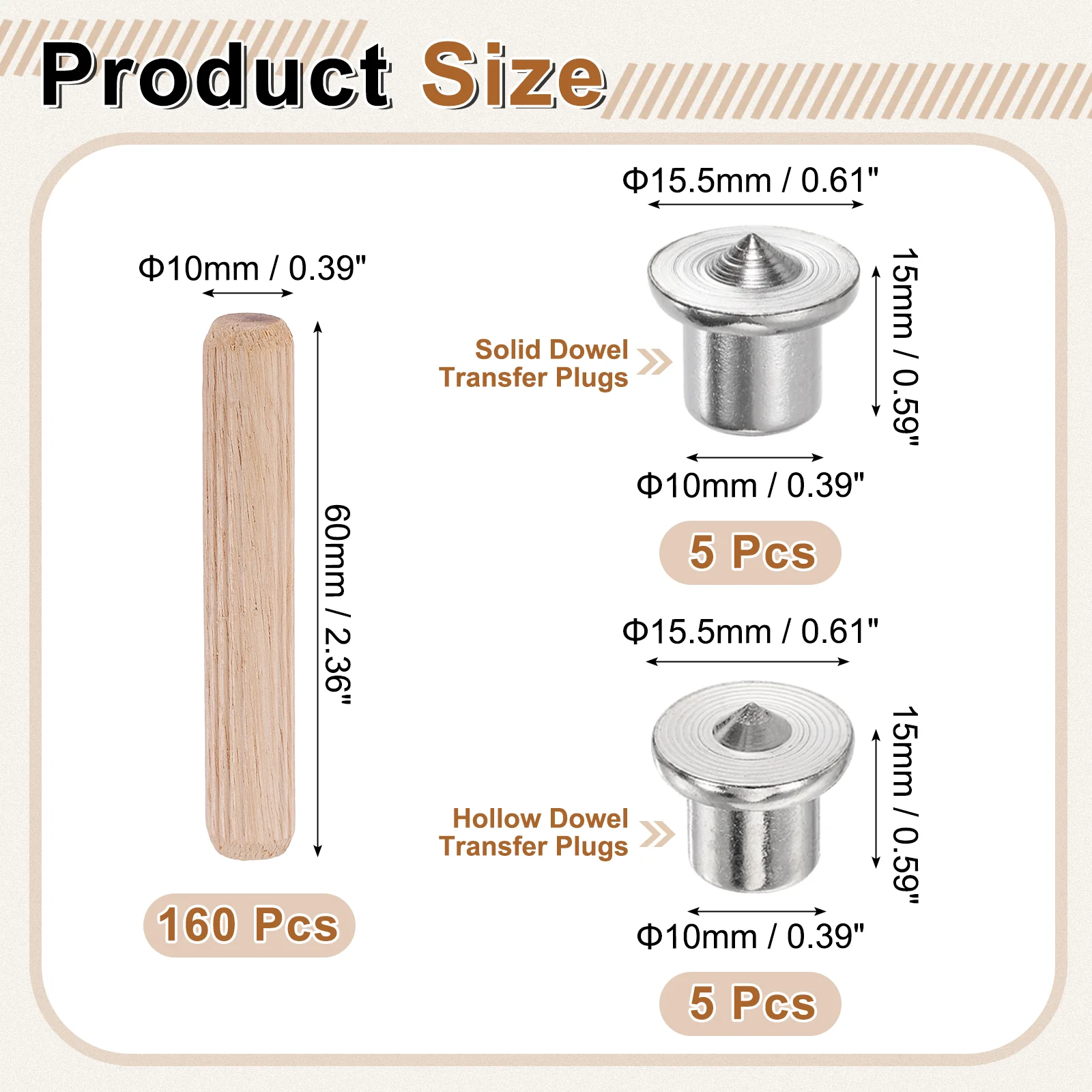 Uxcell 160Pcs Wood Dowel Pins, 10 x 60mm Wooden Dowel Rods with Center Transfer Plugs - Image 2