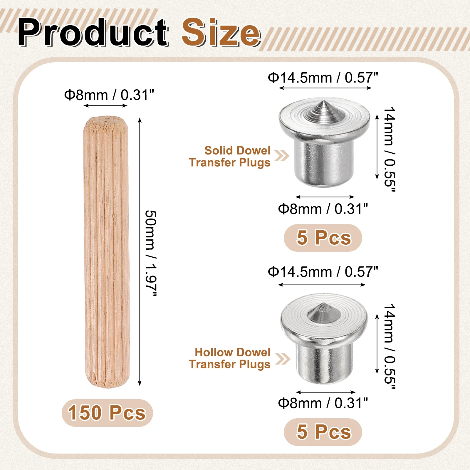 Uxcell 150Pcs Wood Dowel Pins, 8 x 50mm Wooden Dowel Rods with Center Transfer Plugs - Image 2