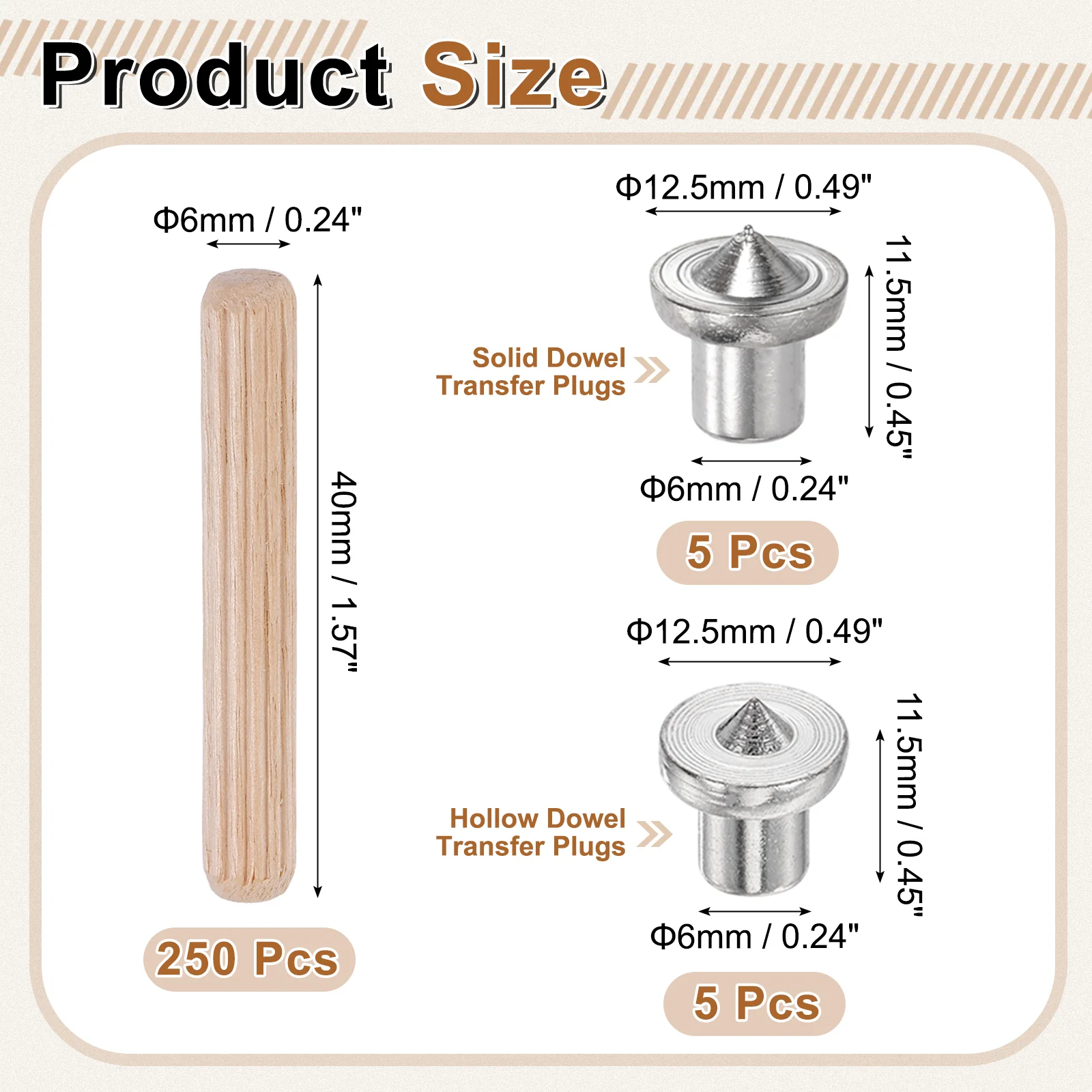 Uxcell 250Pcs Wood Dowel Pins, 6 x 40mm Wooden Dowel Rods with Center Transfer Plugs - Image 2