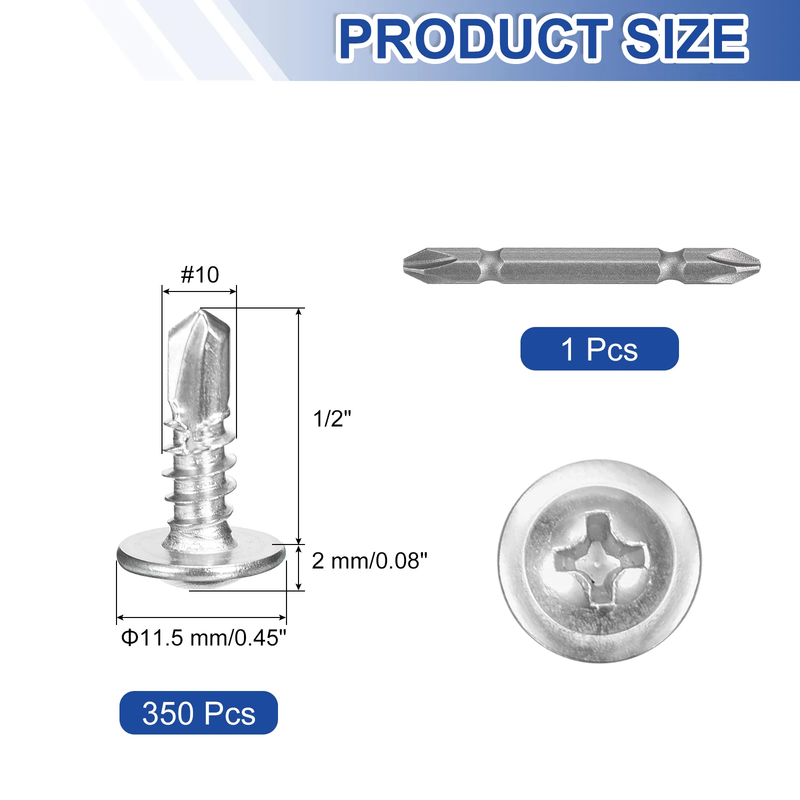 Uxcell 350Pcs #10x1/2" Self-Tapping Screws, 410 Stainless Steel Self Drilling, Silver - Image 2