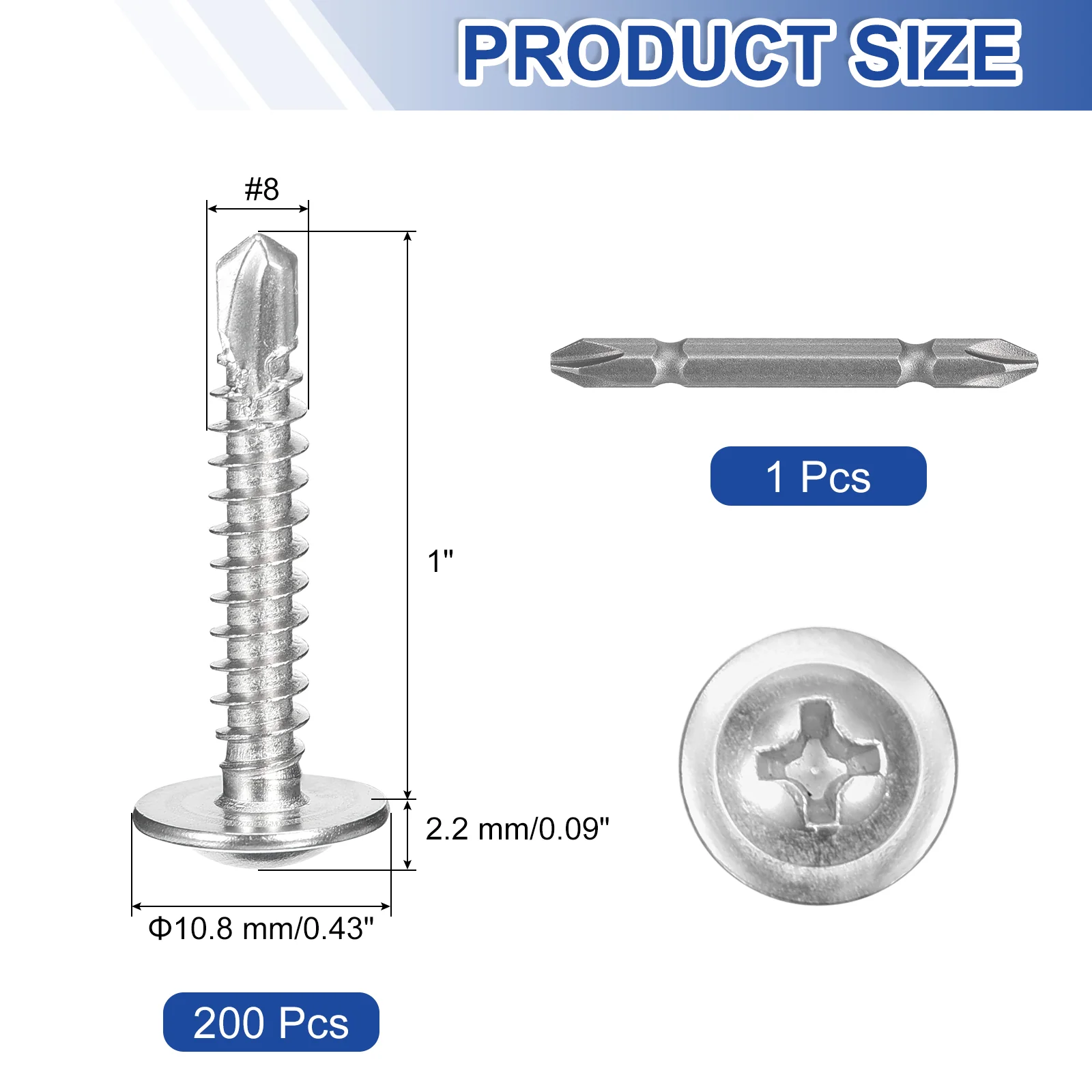 Uxcell 200Pcs #8x1" Self-Tapping Screws, 410 Stainless Steel Self Drilling, Silver - Image 2