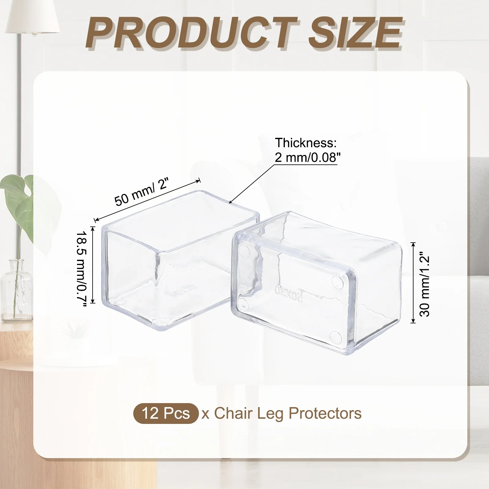 Uxcell 12 Pcs Chair Leg Protectors, 1.2 x 2 Inch Rectangle PVC Chair Leg Caps, Clear - Image 2