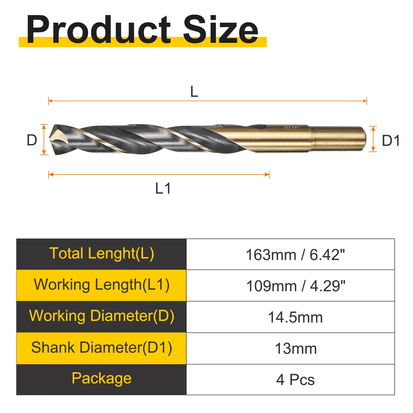 4pcs Reduced Shank Drill Bit 14.5" Dia M2 High Speed Steel Black and Gold Oxide - Image 2