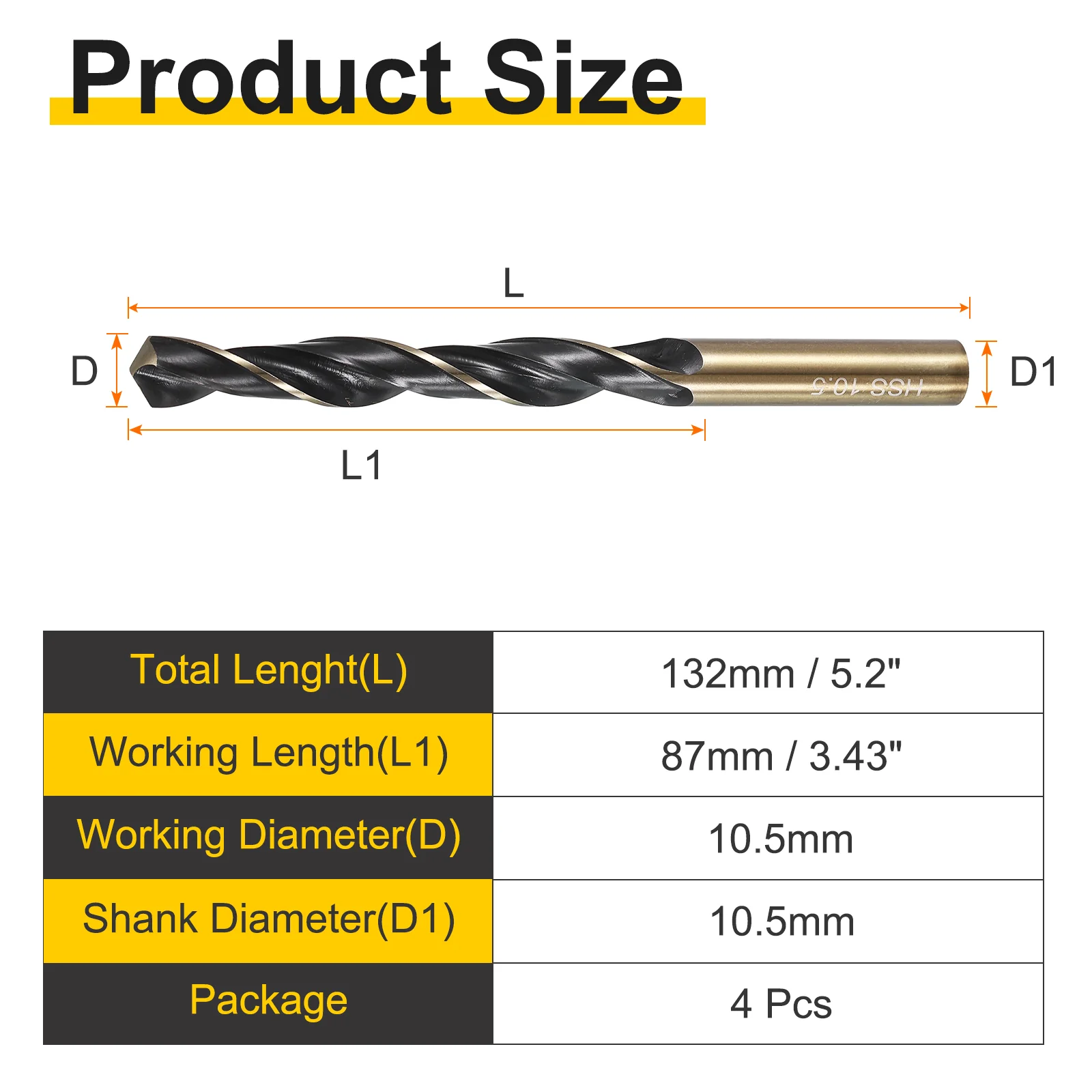 4pcs Reduced Shank Drill Bit 10.5" Dia M2 High Speed Steel Black and Gold Oxide - Image 2